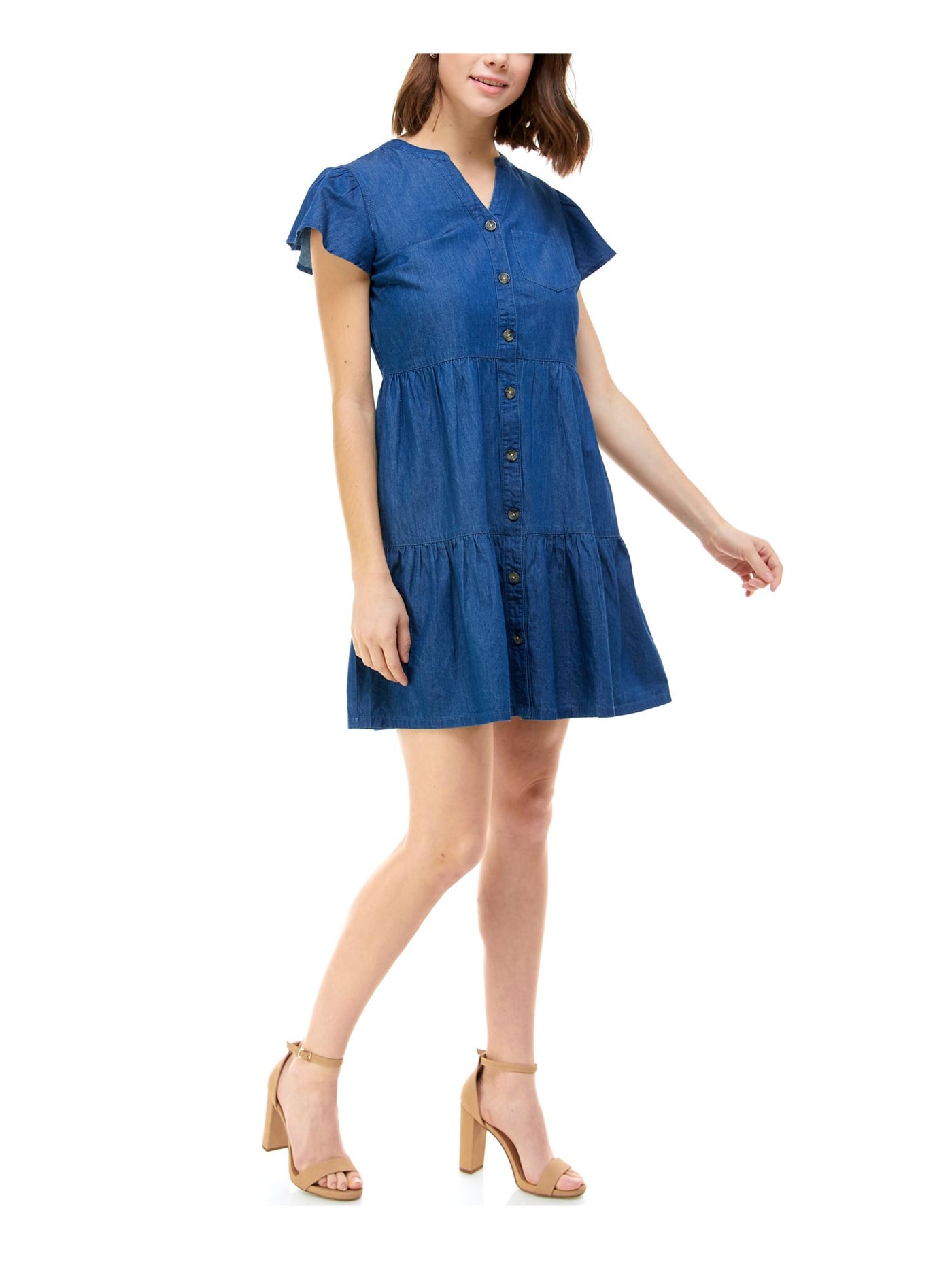 Rosie Harlow Womens Blue Chambray Flutter Sleeve Split Short A-Line Dress Juniors XXS