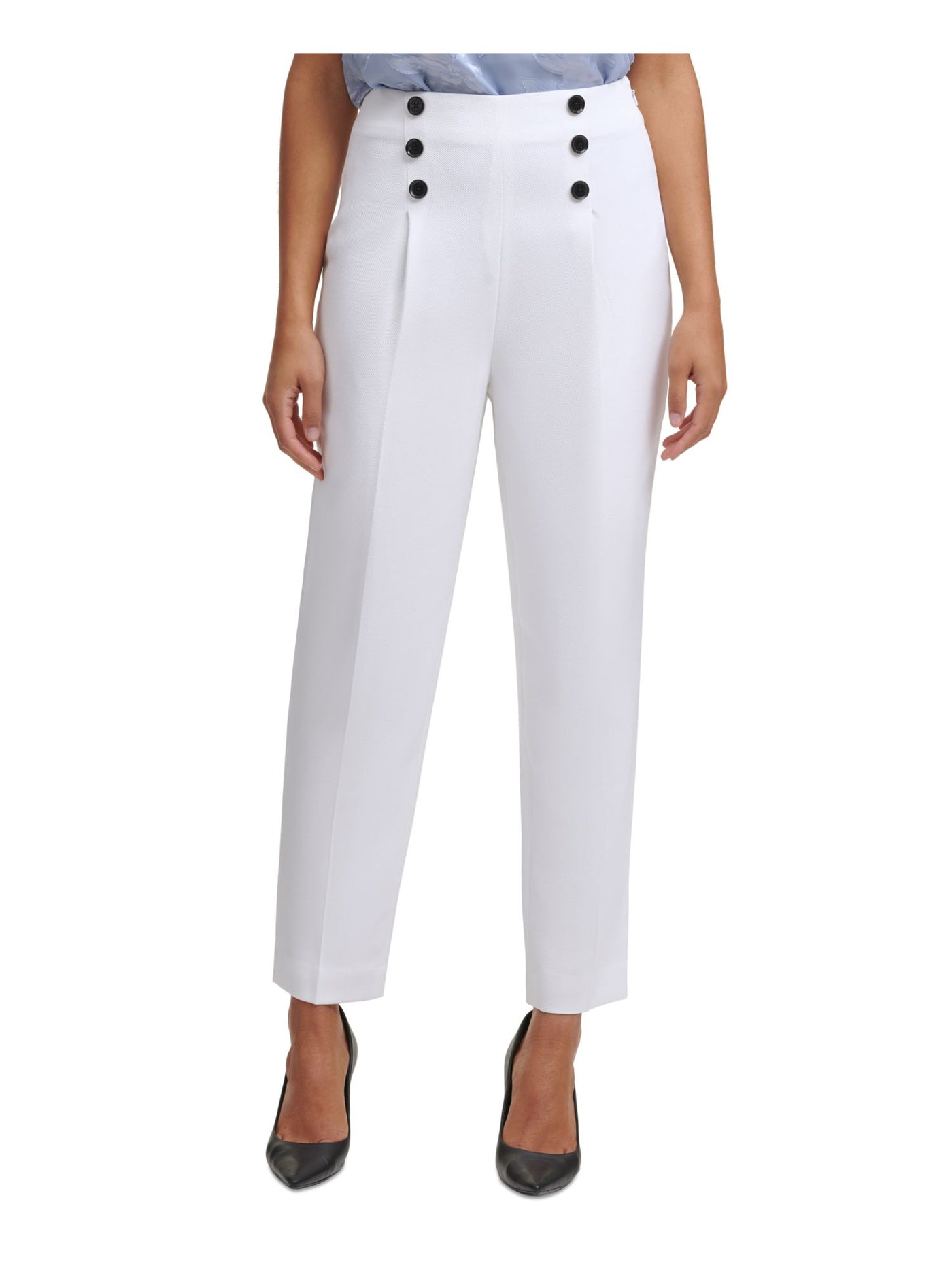 CALVIN KLEIN Womens Ivory Zippered Textured Buttoned, Pleated Wear To Work Straight leg Pants Petites 14P