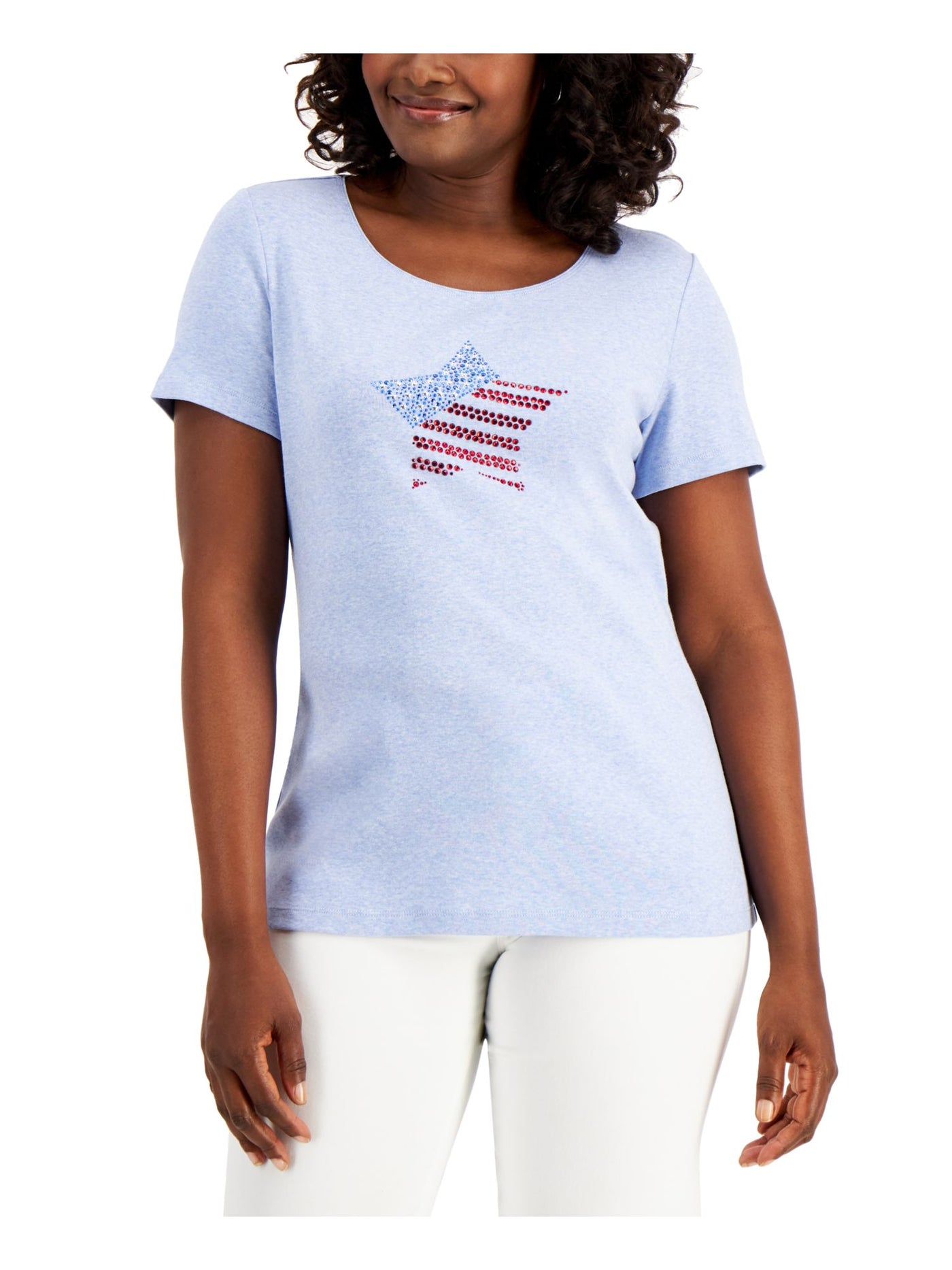 KAREN SCOTT Womens Light Blue Cotton Blend Heather Short Sleeve Crew Neck T-Shirt Petites PM