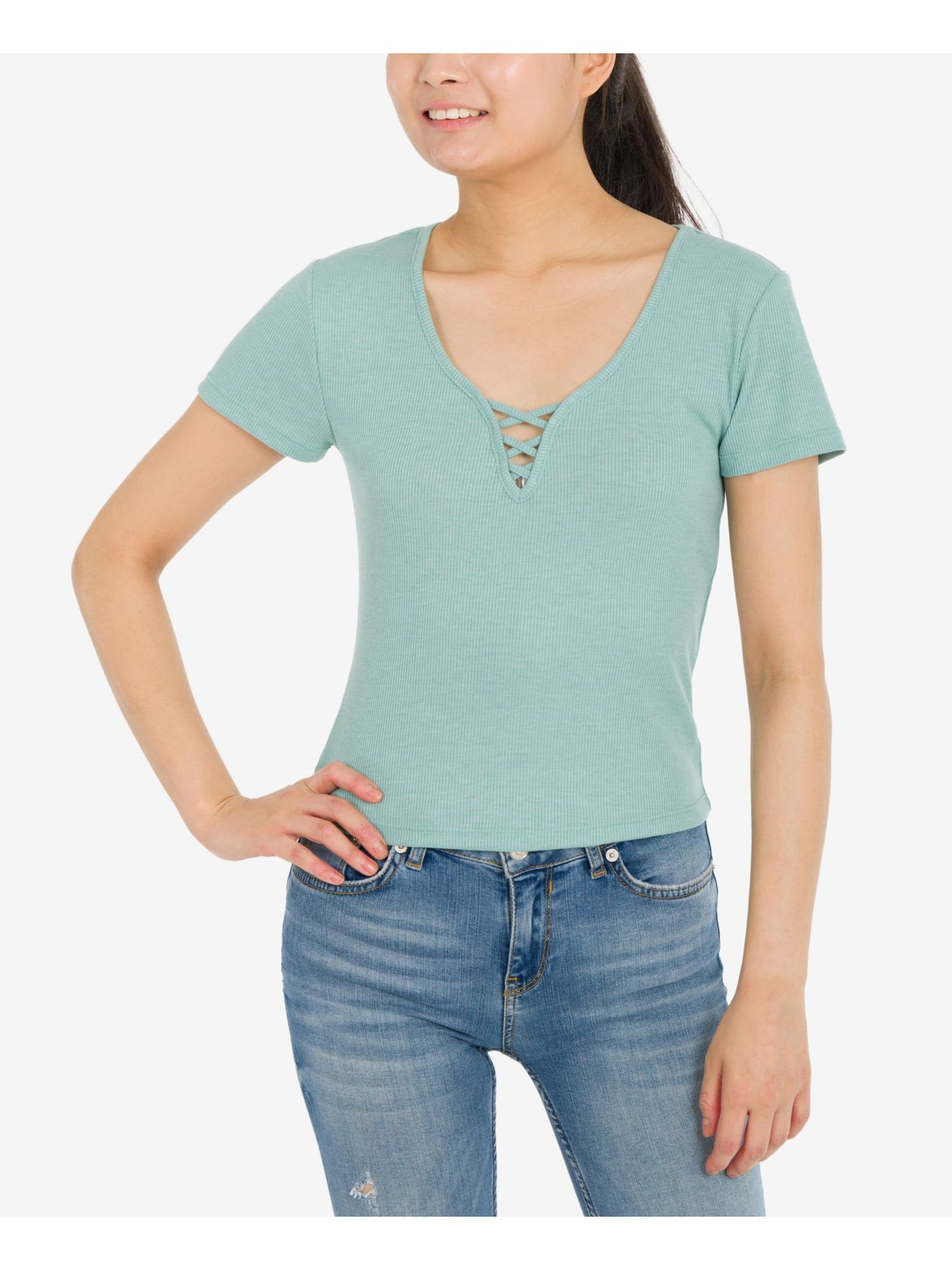 HIPPIE ROSE Womens Green Stretch Ribbed Criss-cross Detail Short Sleeve V Neck T-Shirt Juniors M