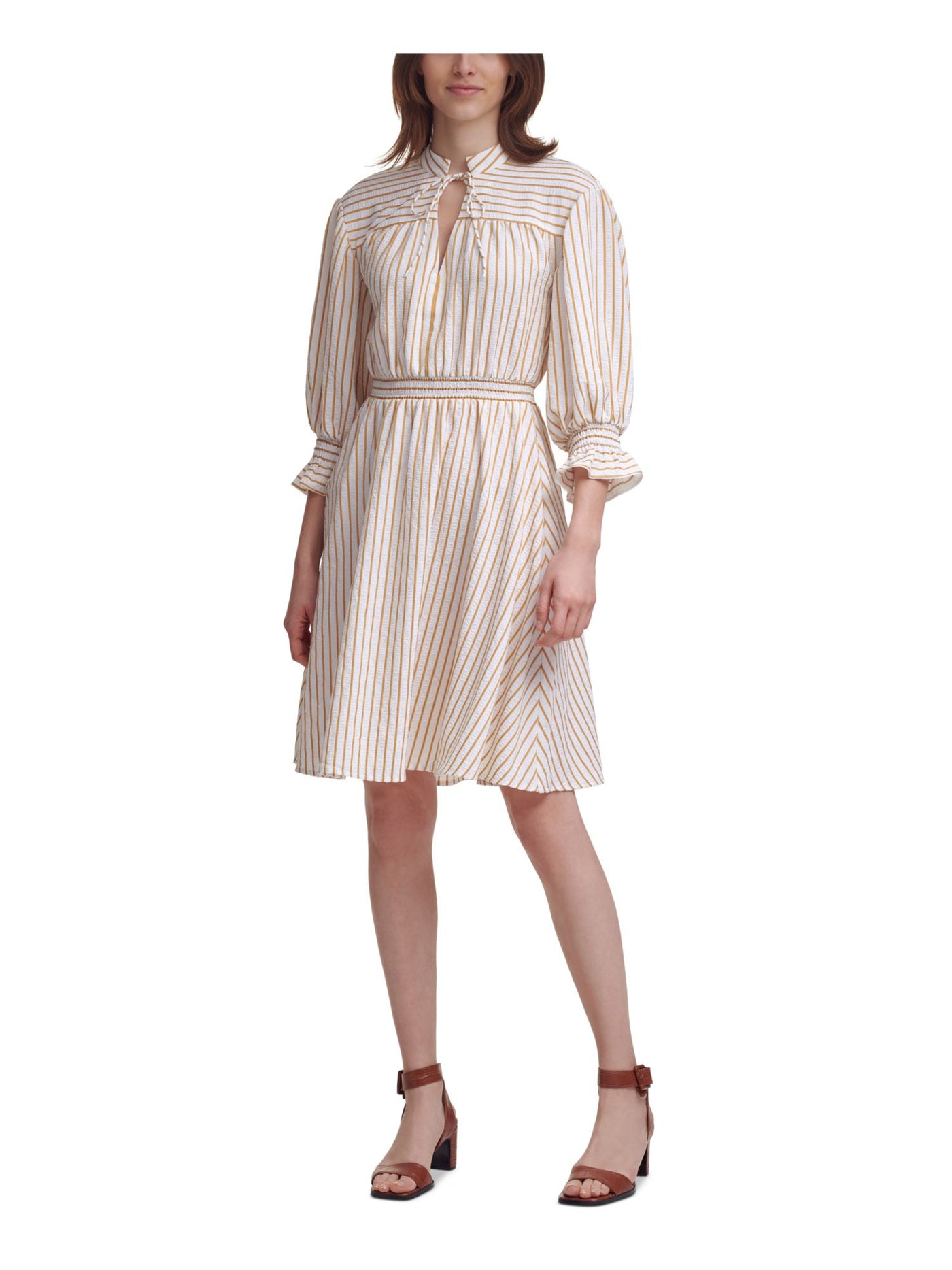 CALVIN KLEIN Womens White Smocked Ruffled Split Tie Neck  Unlined Striped Balloon Sleeve Above The Knee Evening Fit + Flare Dress 10