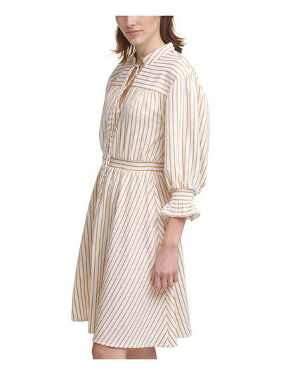 CALVIN KLEIN Womens Beige Smocked Ruffled Split Tie Neck  Unlined Striped Balloon Sleeve Above The Knee Evening Fit + Flare Dress 12