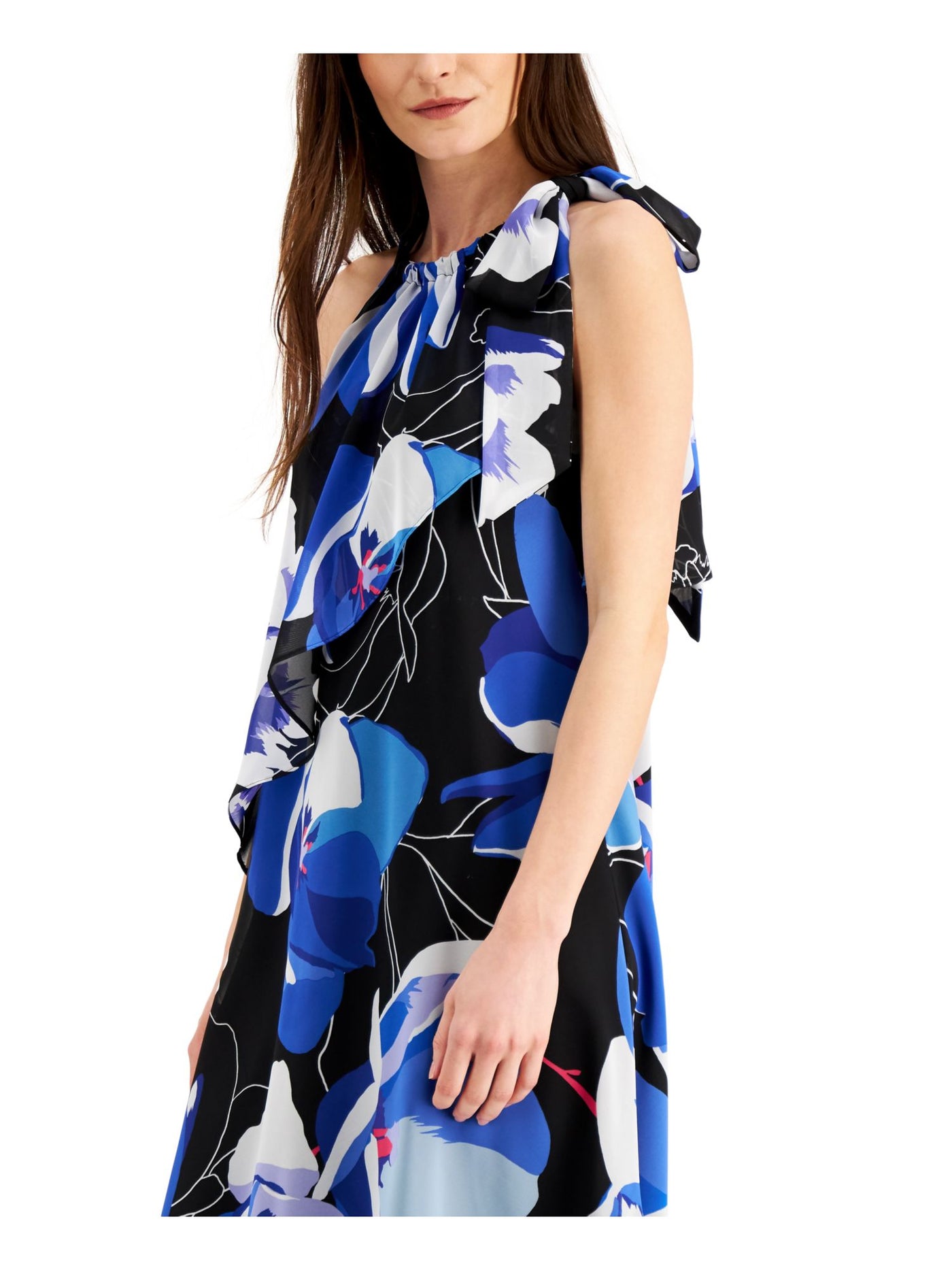 INC DRESS Womens Blue Ruched Tie Asymmetrical-hem Chiffon Floral Sleeveless Halter Below The Knee Party Shift Dress 14