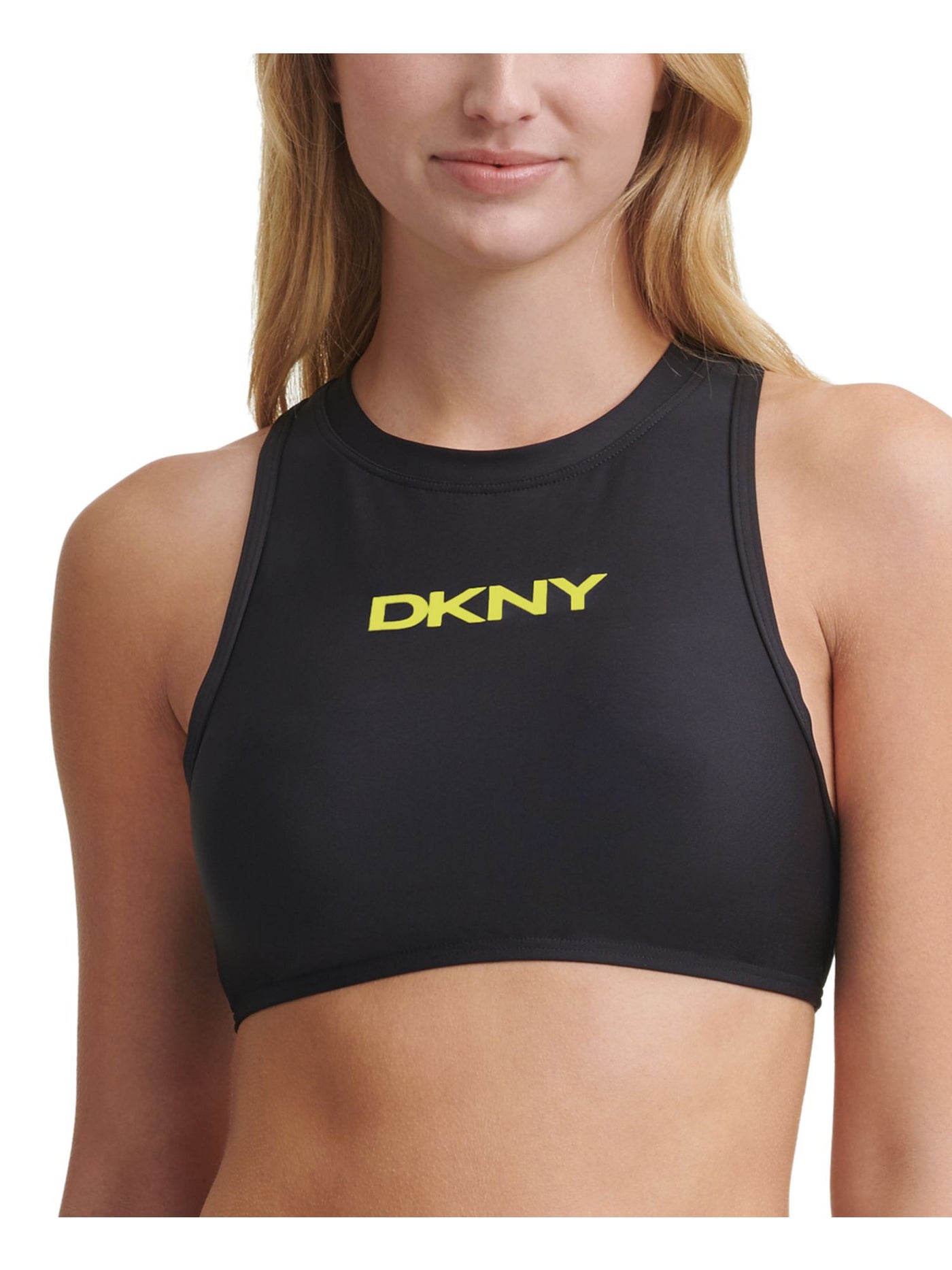 DKNY Women's Black Logo Stretch Zippered Sporty Swimsuit Top M