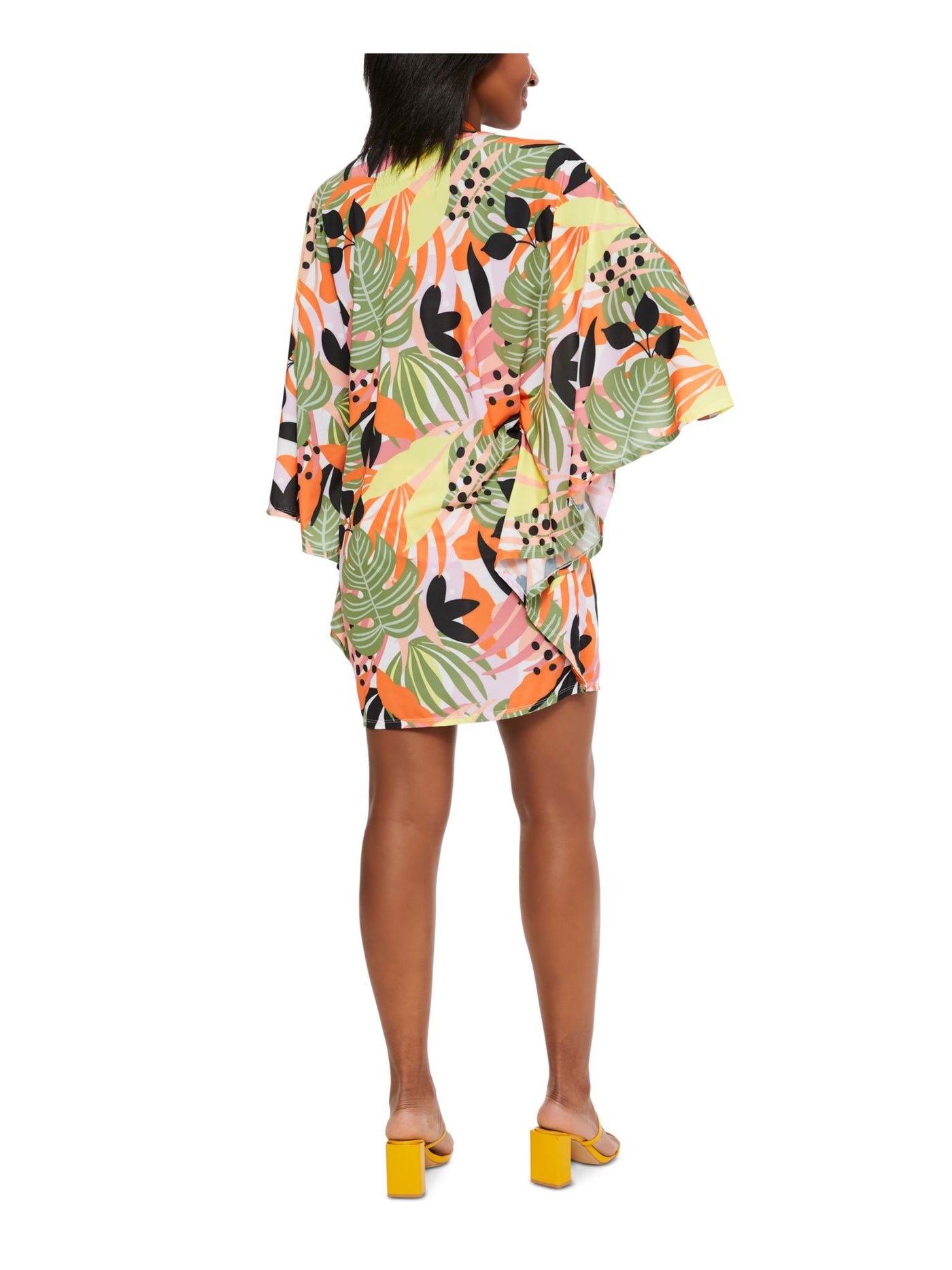 BAR III Women's Yellow Printed Caftan Deep V Neck Swimsuit Cover Up S