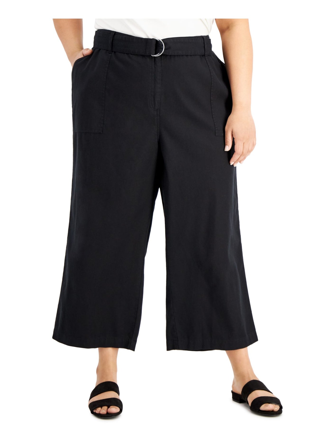 CALVIN KLEIN Womens Black Zippered Pocketed Belted Cropped Wear To Work Wide Leg Pants Plus 14W