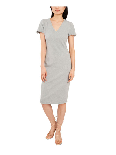 RILEY&RAE Womens Gray Stretch Ribbed Pullover Short Sleeve V Neck Below The Knee Body Con Dress XXS