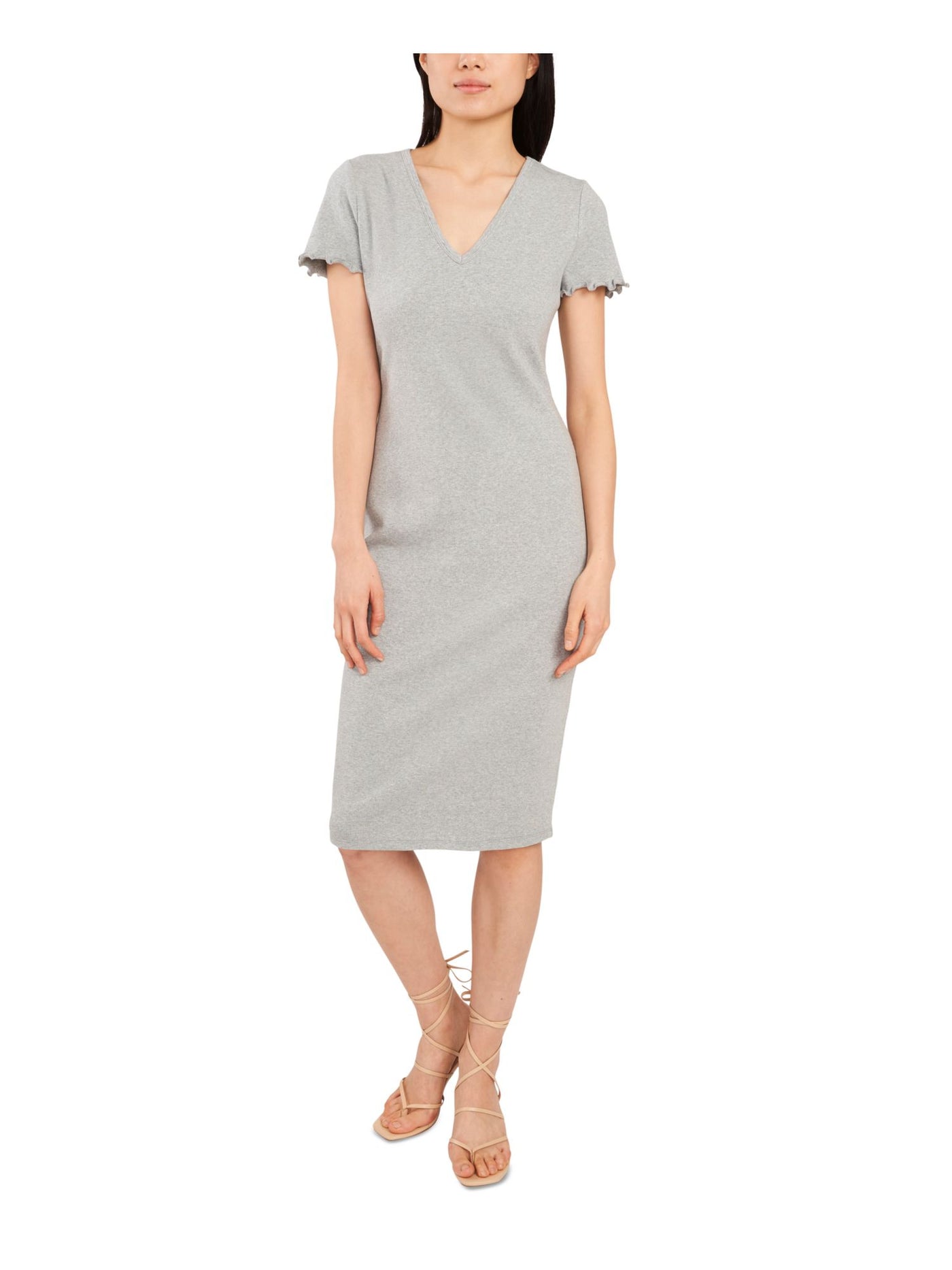 RILEY&RAE Womens Gray Stretch Ribbed Pullover Short Sleeve V Neck Below The Knee Body Con Dress XS