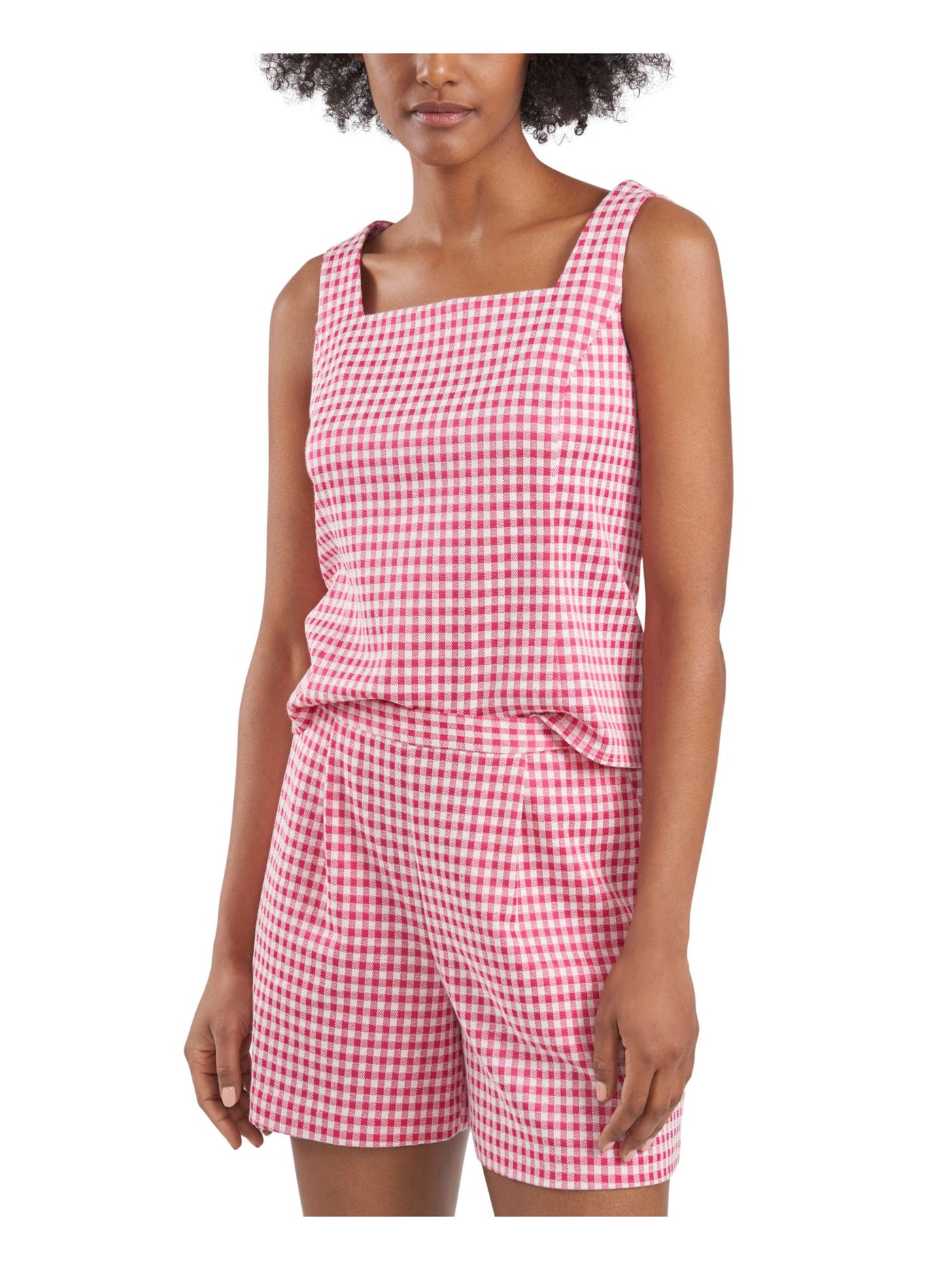 RILEY&RAE Womens Pink Stretch Zippered Darted Knit Gingham Sleeveless Square Neck Tank Top XXS