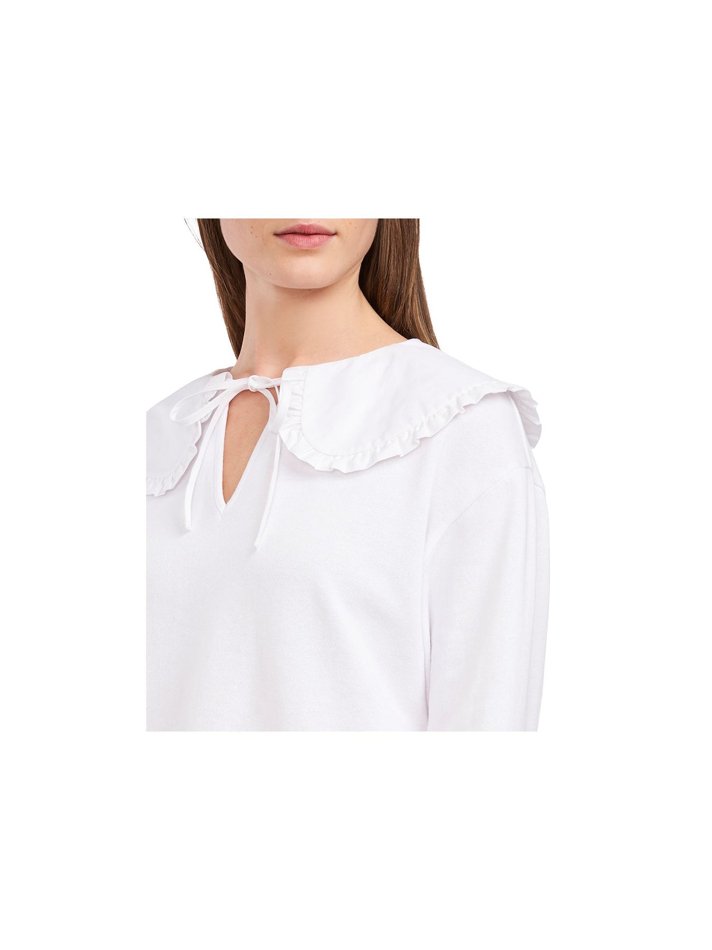 RILEY&RAE Womens White Ruffled Ribbed Oversized-collar Keyhole-tie Long Sleeve Split Top L