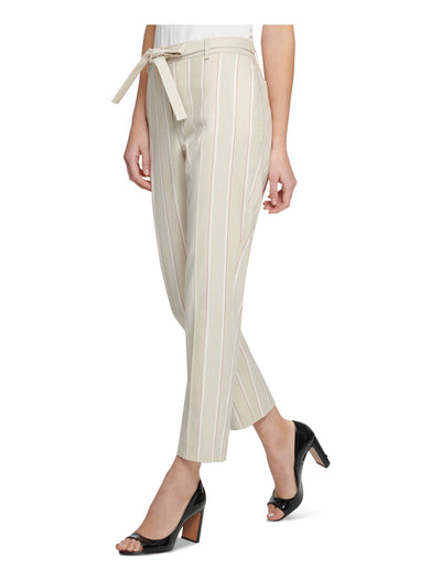 DKNY Womens Beige Stretch Pocketed Zippered Tie-waist Ankle Mid-rise Pinstripe Wear To Work Straight leg Pants 2