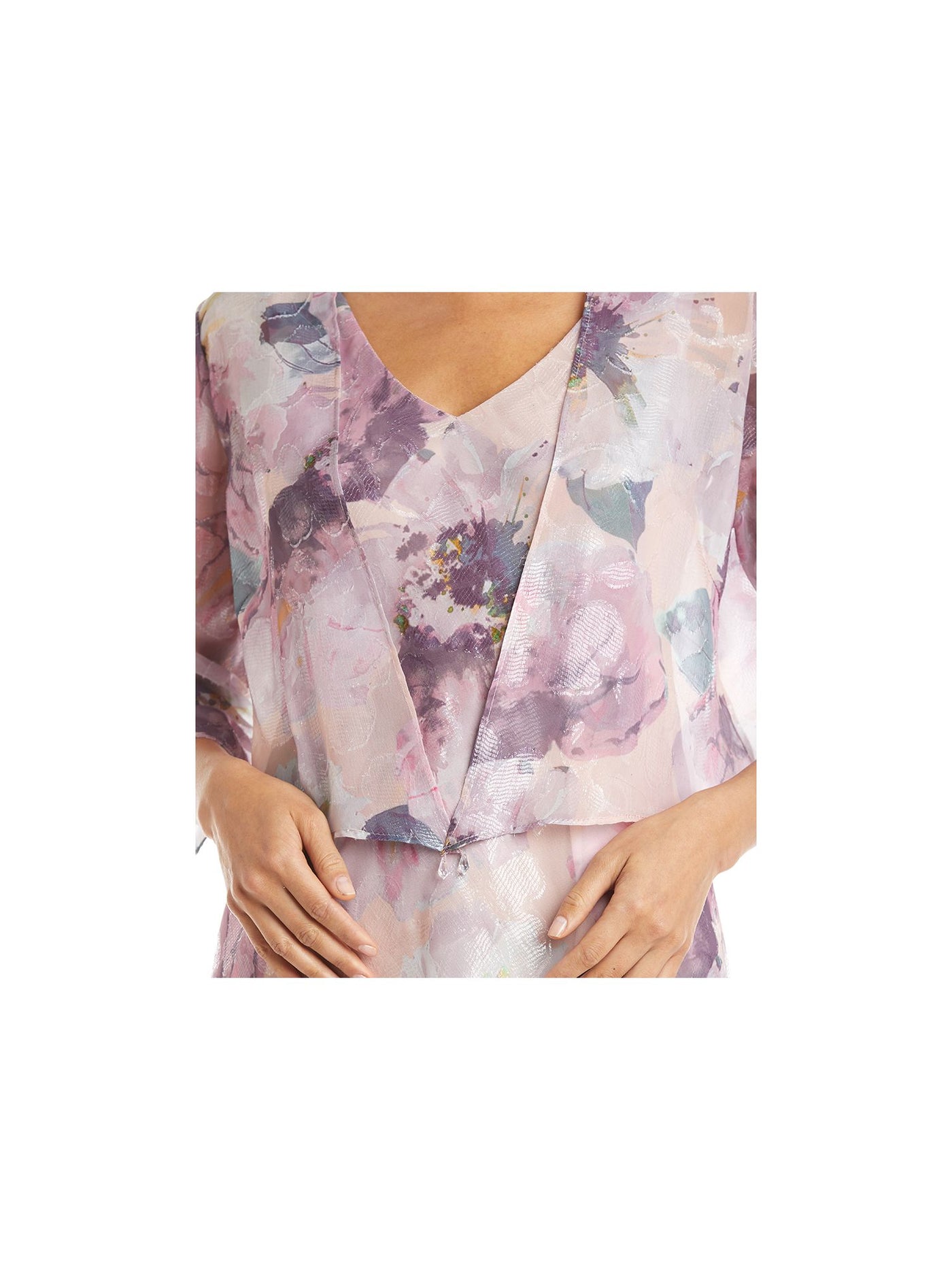 R&M RICHARDS Womens Pink Sheer Metallic Floral 3/4 Sleeve Bolero Jacket Petites 4