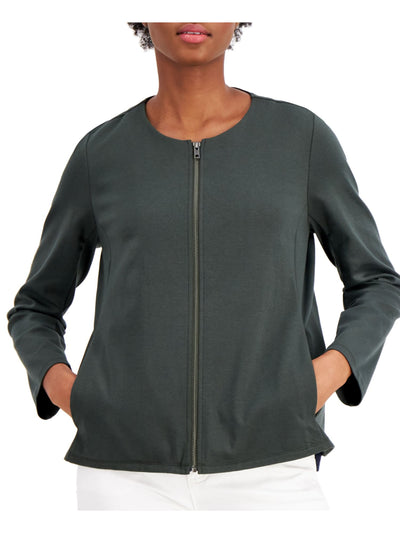 EILEEN FISHER Womens Green Pocketed Long Sleeve Jewel Neck Wear To Work Zip Up Jacket Petites PL