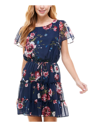 CRYSTAL DOLLS Womens Navy Stretch Tie Ruffled Floral Flutter Sleeve Scoop Neck Above The Knee Evening Fit + Flare Dress Juniors S