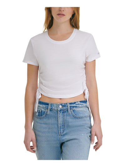 CALVIN KLEIN JEANS Womens White Ruched Side-tie Short Sleeve Crew Neck T-Shirt XL