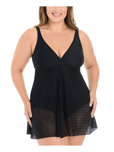 SWIM SOLUTIONS Women's Black Stretch Allover Slimming Crochet Flyaway Adjustable Deep V Neck Full Coverage Swimdress 24W