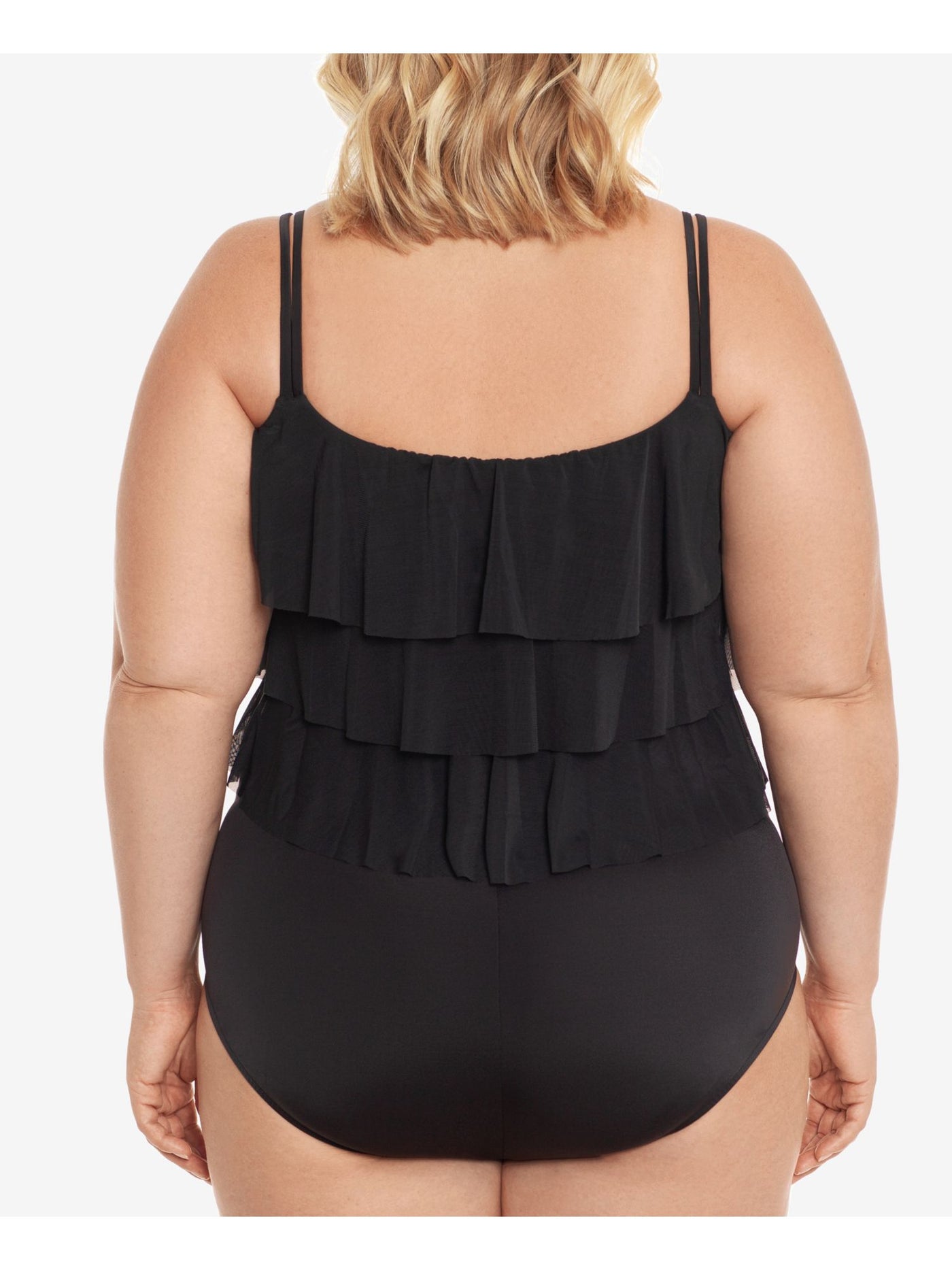SWIM SOLUTIONS Women's Black Stretch Tummy Control Ruffled Triple-Tiered Full Coverage Fixed Cups Scoop Neck One Piece Swimsuit 26W