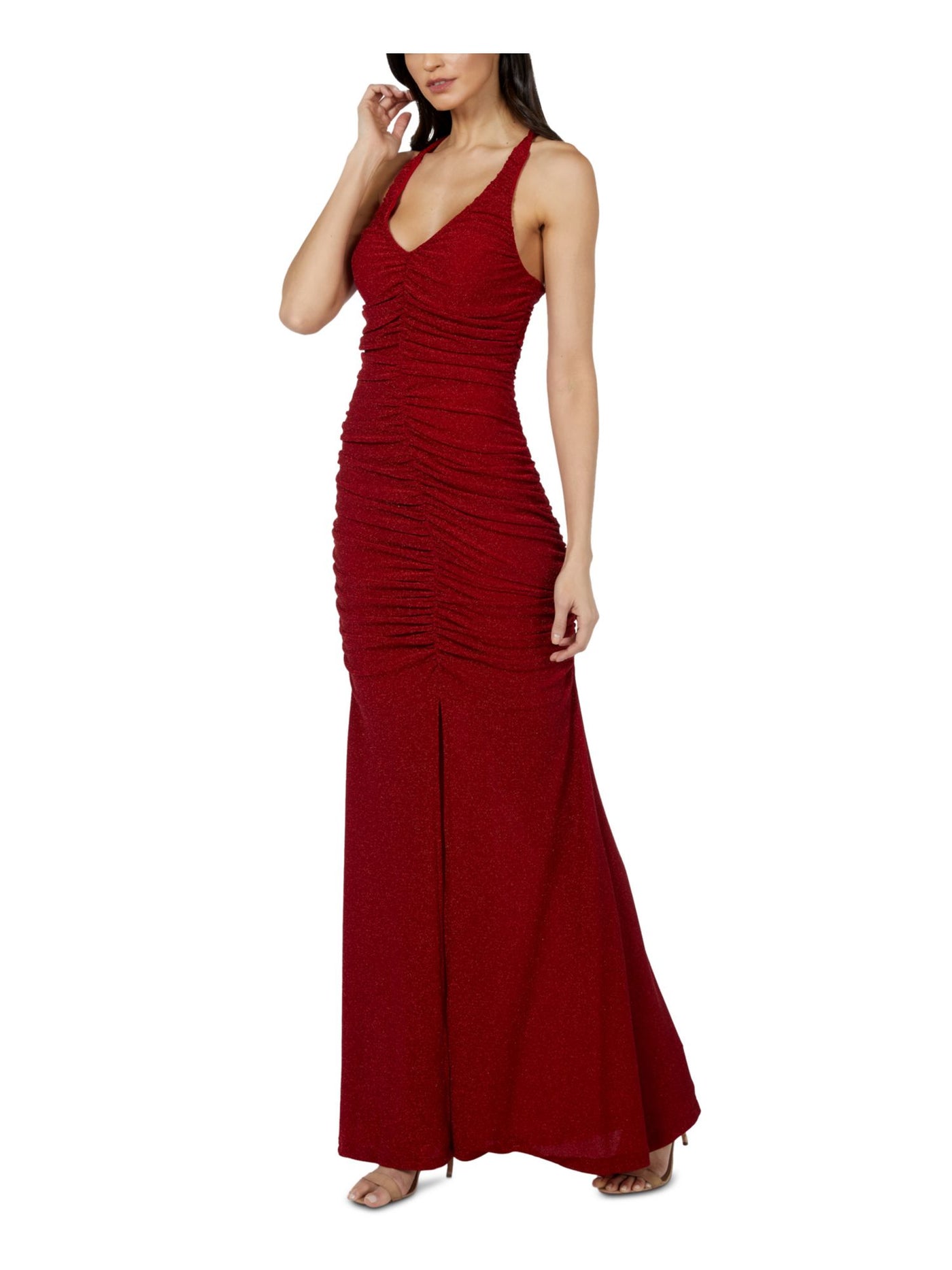 JUMP APPAREL Womens Red Stretch Zippered Glitter Ruched Sleeveless V Neck Maxi Formal Gown Dress Juniors 17/18