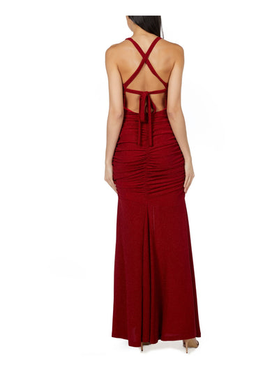 JUMP APPAREL Womens Red Stretch Zippered Glitter Ruched Sleeveless V Neck Maxi Formal Gown Dress Juniors 7\8