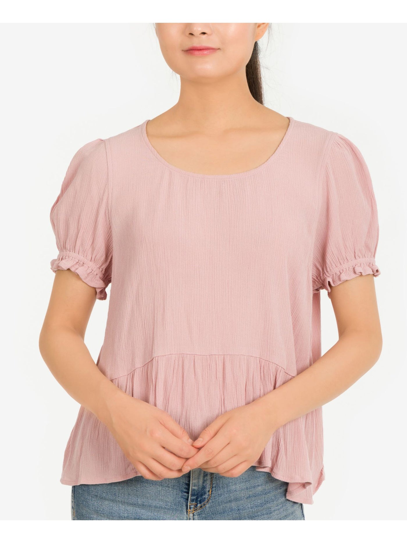 HIPPIE ROSE Womens Pink Ruffled Textured Keyhole-back Pouf Sleeve Scoop Neck Top Juniors M
