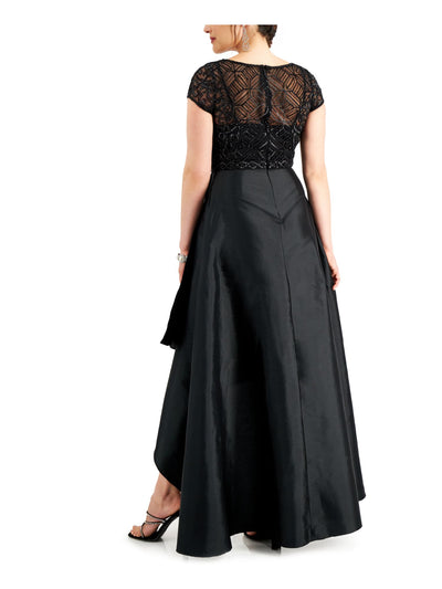 JKARA Womens Black Pleated Embellished Mesh Short Sleeve Crew Neck Full-Length Formal Hi-Lo Dress 2