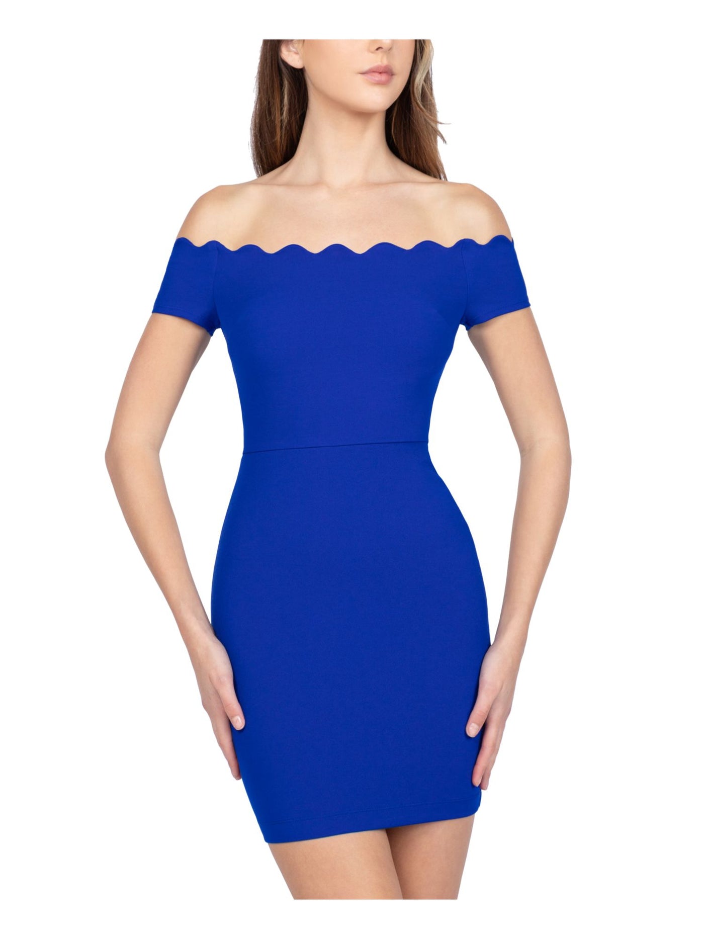 B DARLIN Womens Blue Zippered Short Sleeve Off Shoulder Mini Evening Body Con Dress Juniors 1\2