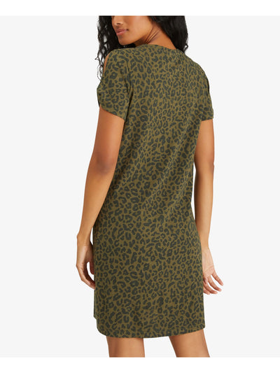 SANCTUARY Womens Green Stretch Cut Out Animal Print Cuffed Sleeve Crew Neck Above The Knee Shirt Dress XS