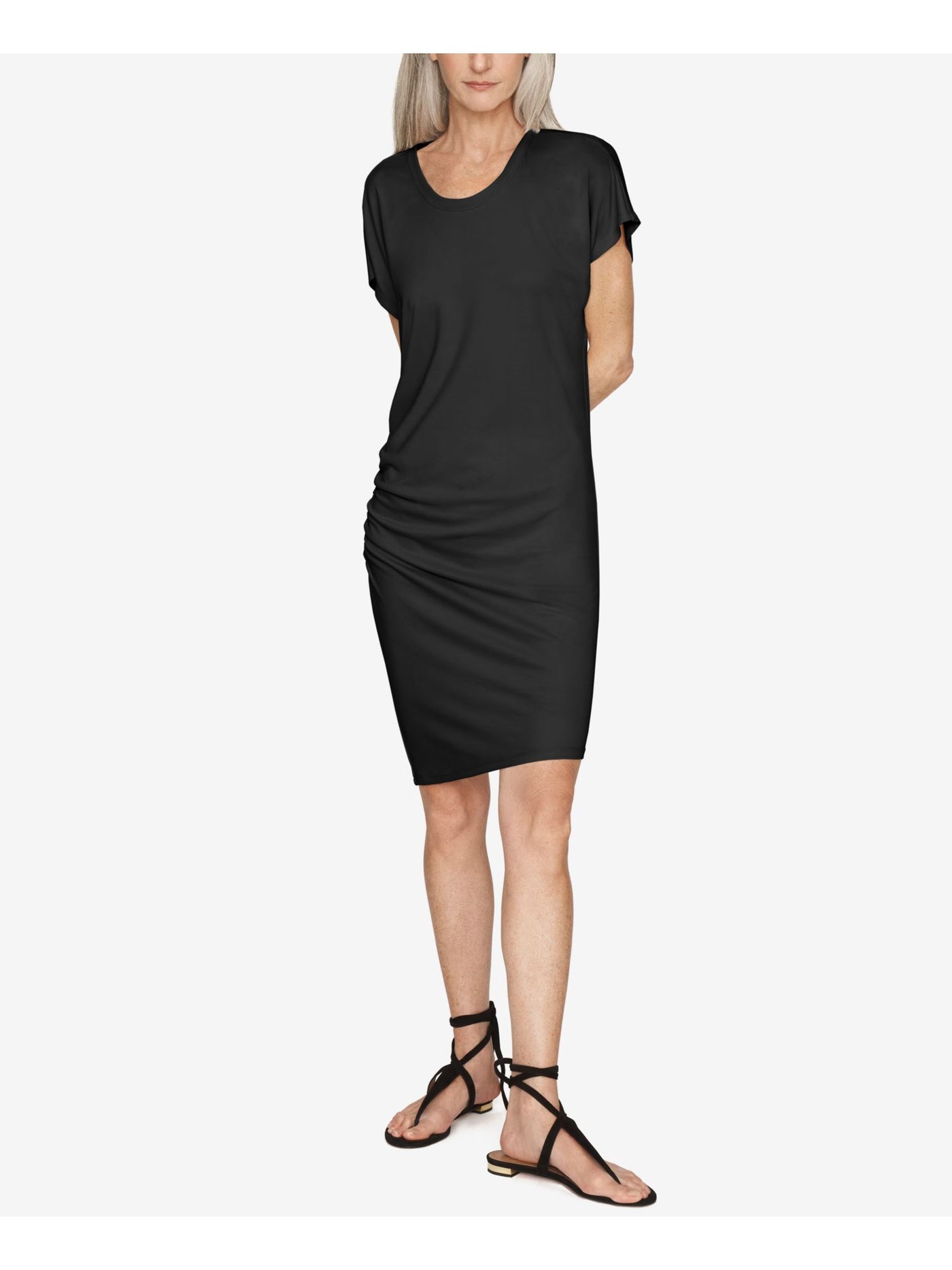 B NEW YORK Womens Black Stretch Ruched Short Sleeve Crew Neck Above The Knee Sheath Dress S