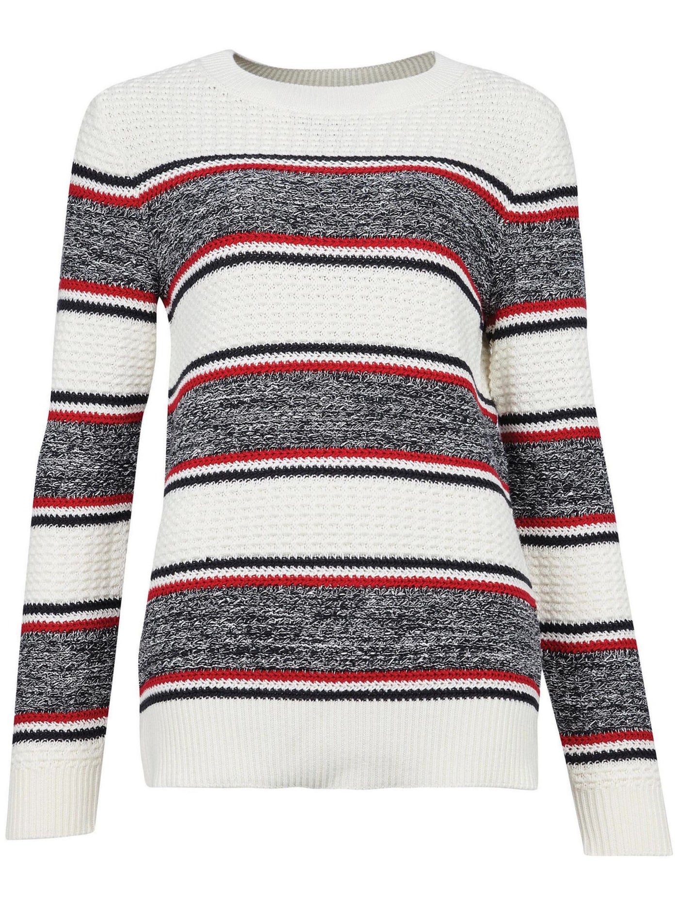 BARBOUR Womens White Textured Ribbed Neck Cuffs Hem Striped Long Sleeve Crew Neck Wear To Work Sweater 12
