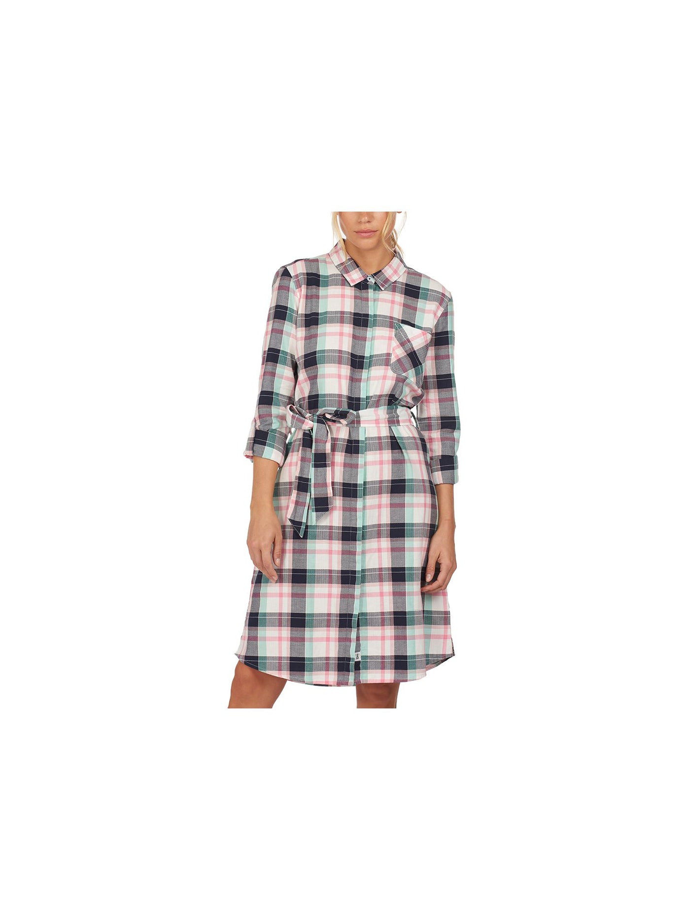 BARBOUR Womens Pink Pleated Pocketed Tie Belt  Hidden Placket Curve H Plaid Roll-tab Sleeve Point Collar Knee Length Shirt Dress 8