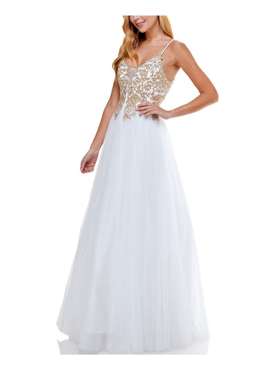 SAY YES TO THE PROM Womens White Embellished Spaghetti Strap Sweetheart Neckline Full-Length Prom Fit + Flare Dress Juniors 9