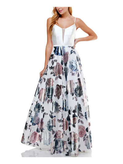 SAY YES TO THE PROM Womens White Floral Spaghetti Strap Full-Length Prom Fit + Flare Dress 11