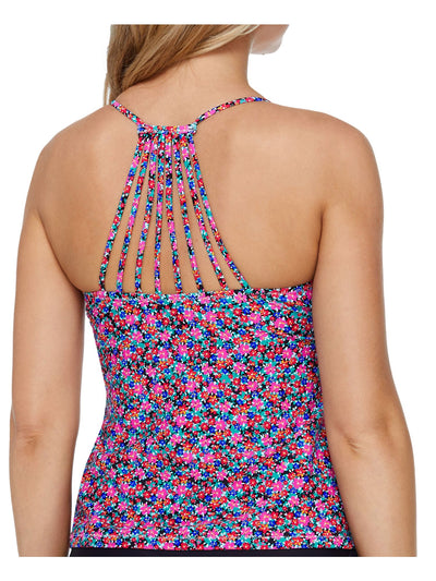RAISINS Women's Pink Floral Stretch Removable Cups Lined Strappy Deep V Neck Sunshine Gypsy Noumea Tankini Swimsuit Top S