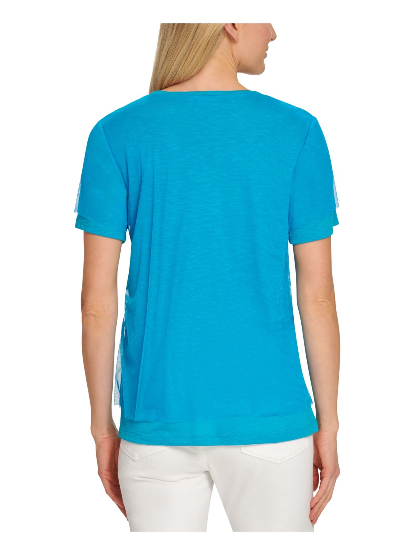 DKNY Womens Turquoise Textured Sheer Mesh Overlay Short Sleeve Scoop Neck Top M