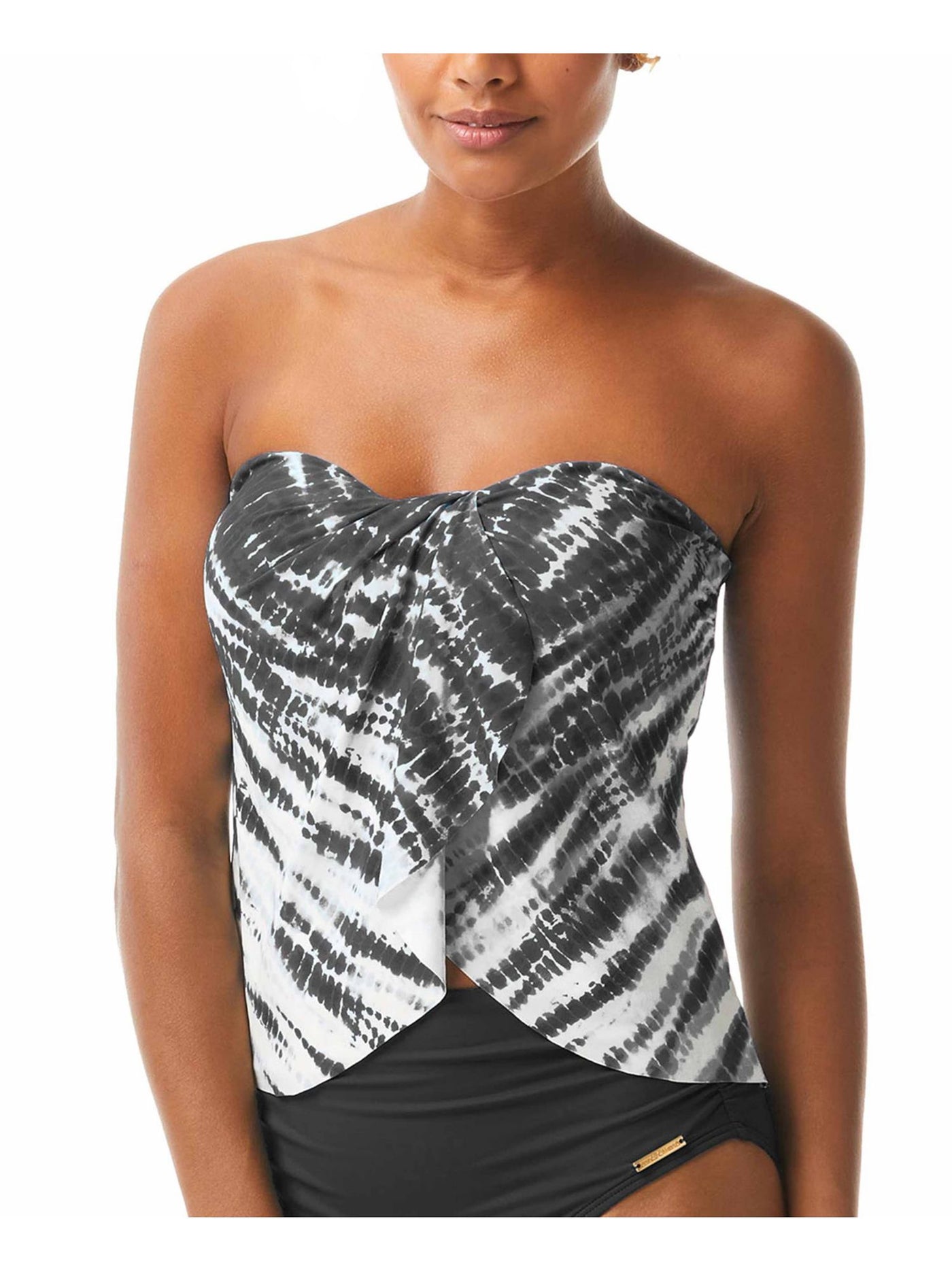 VINCE CAMUTO SWIM Women's Black Printed Stretch Lined Sweetheart Layered Tankini Swimsuit Top S