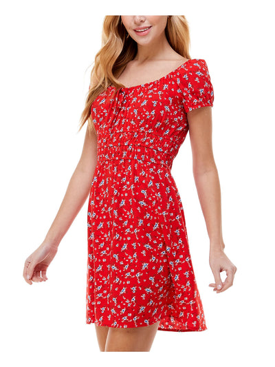 KINGSTON GREY Womens Red Tie Elasticized Waist Floral Short Sleeve Scoop Neck Short Fit + Flare Dress Juniors S