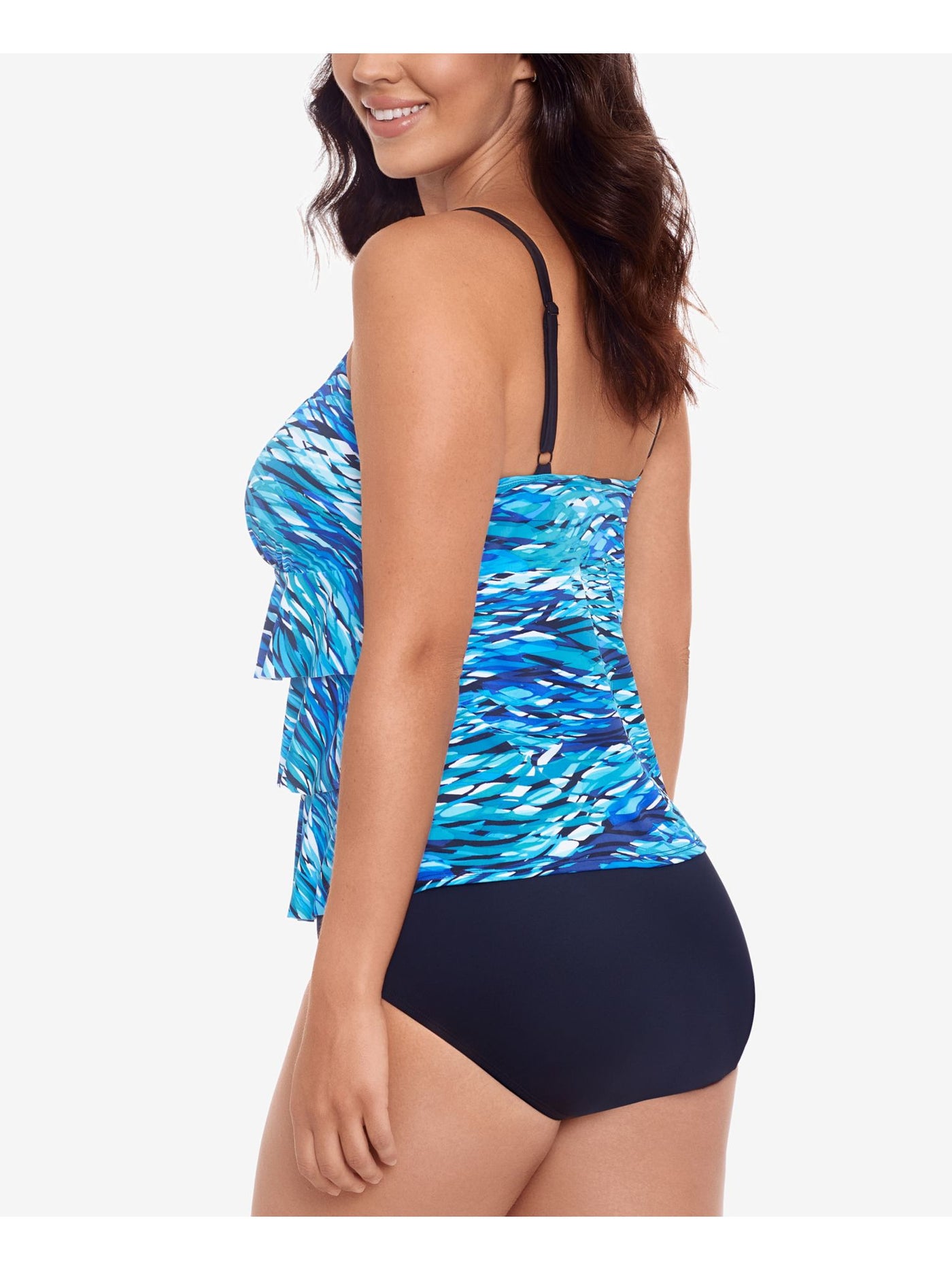 SWIM SOLUTIONS Women's Blue Patterned Stretch Tummy Control Lined Tiered Adjustable Fixed Cups Scoop Neck One Piece Swimsuit 8