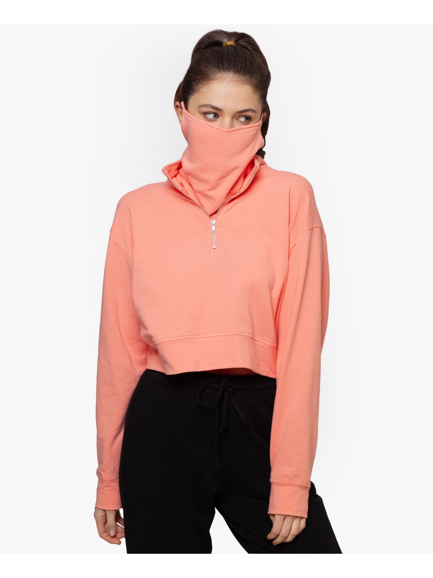 BETSY & ADAM Womens Orange Zip Pullover Attached Mask Long Sleeve Top L