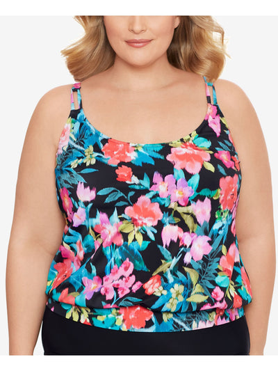 SWIM SOLUTIONS Women's Multi Color Printed Stretch Full Bust Support Blouson Banded-Hem Lined Adjustable Fixed Cups In Living Color Scoop Neck Tankini Swimsuit Top 18W