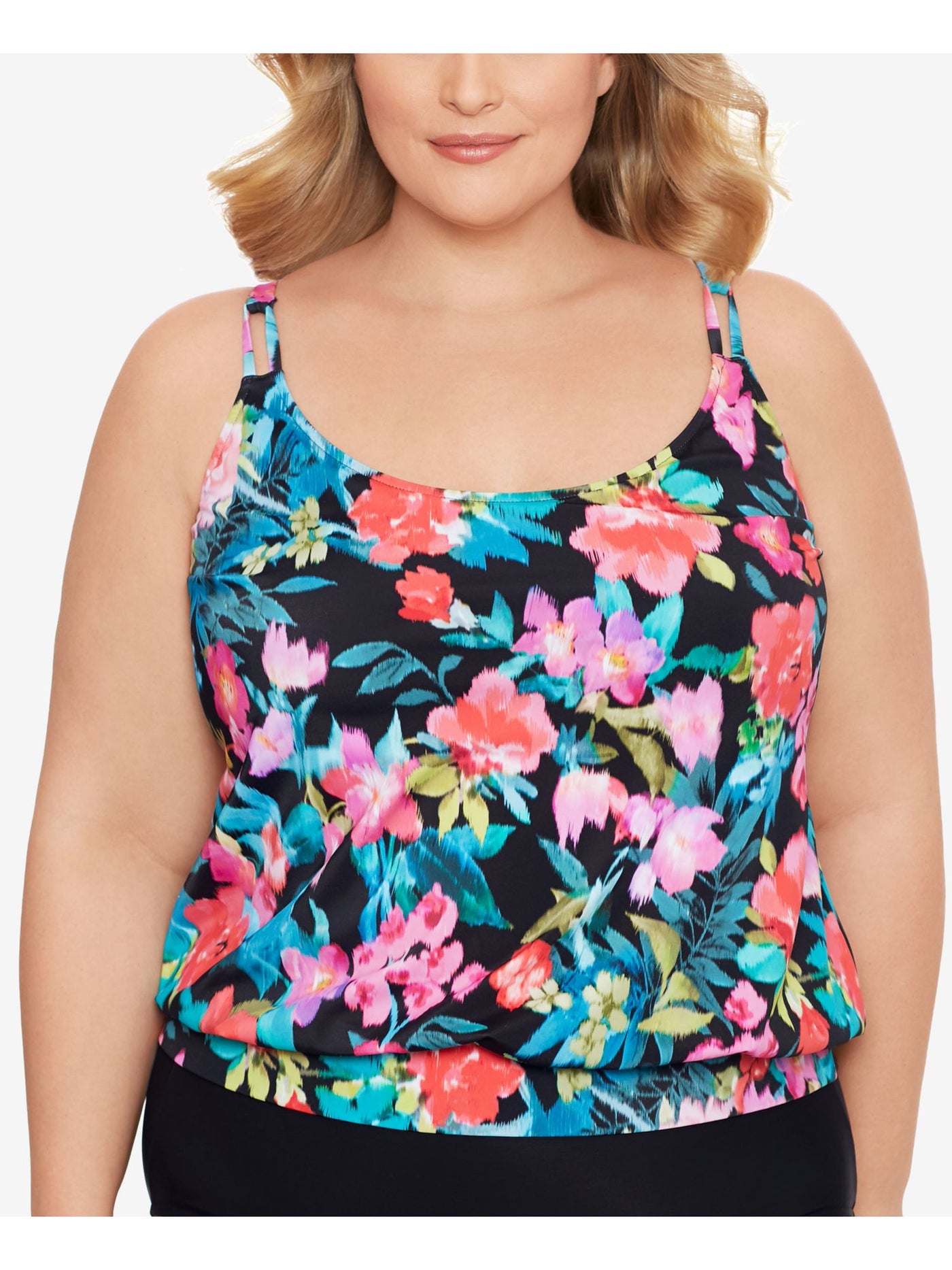 SWIM SOLUTIONS Women's Multi Color Printed Stretch Full Bust Support Blouson Banded-Hem Lined Adjustable Fixed Cups In Living Color Scoop Neck Tankini Swimsuit Top 16W