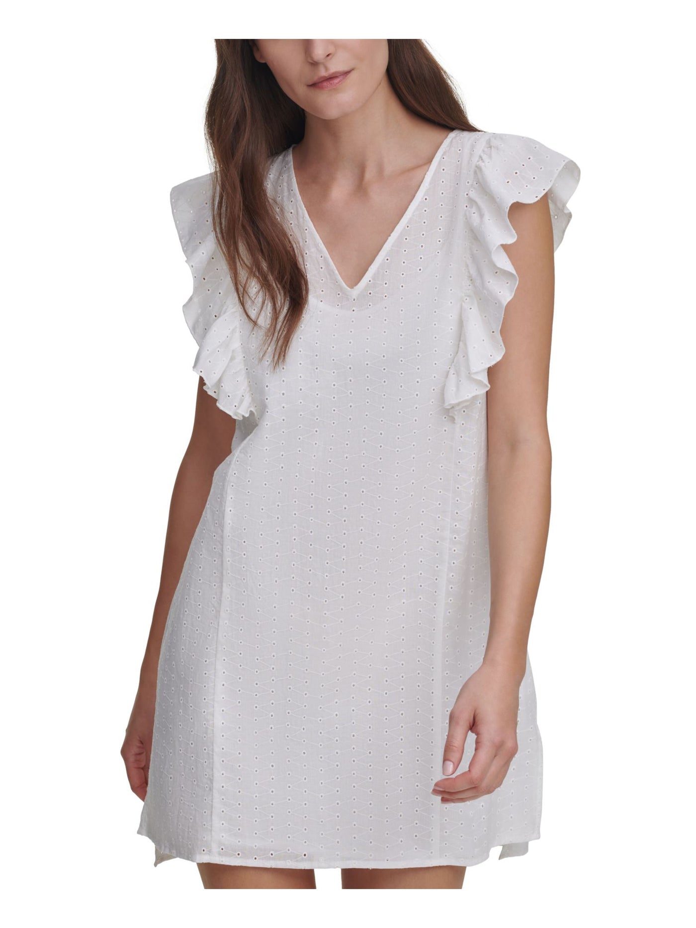 DKNY JEANS Womens White Eyelet Ruffled Unlined Flutter Sleeve V Neck Short Shift Dress XS