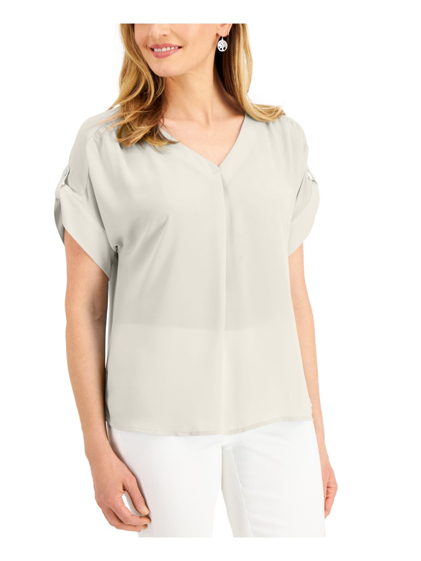 JM COLLECTION Womens Ivory Sheer Pleated Metal Buttons Roll-tab Sleeve V Neck Top Petites PP