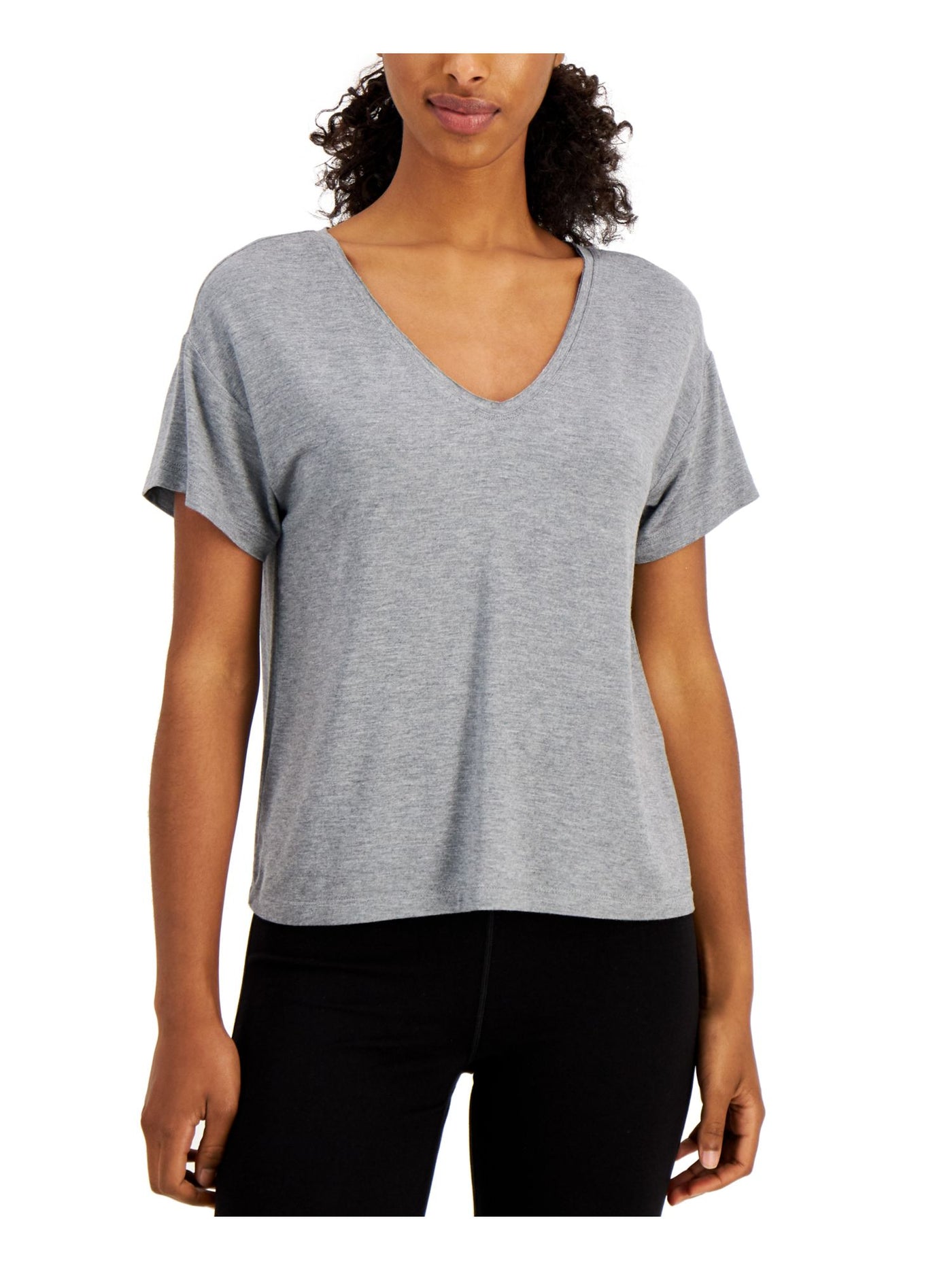 IDEOLOGY Womens Gray Stretch Ribbed Heather Short Sleeve V Neck T-Shirt M