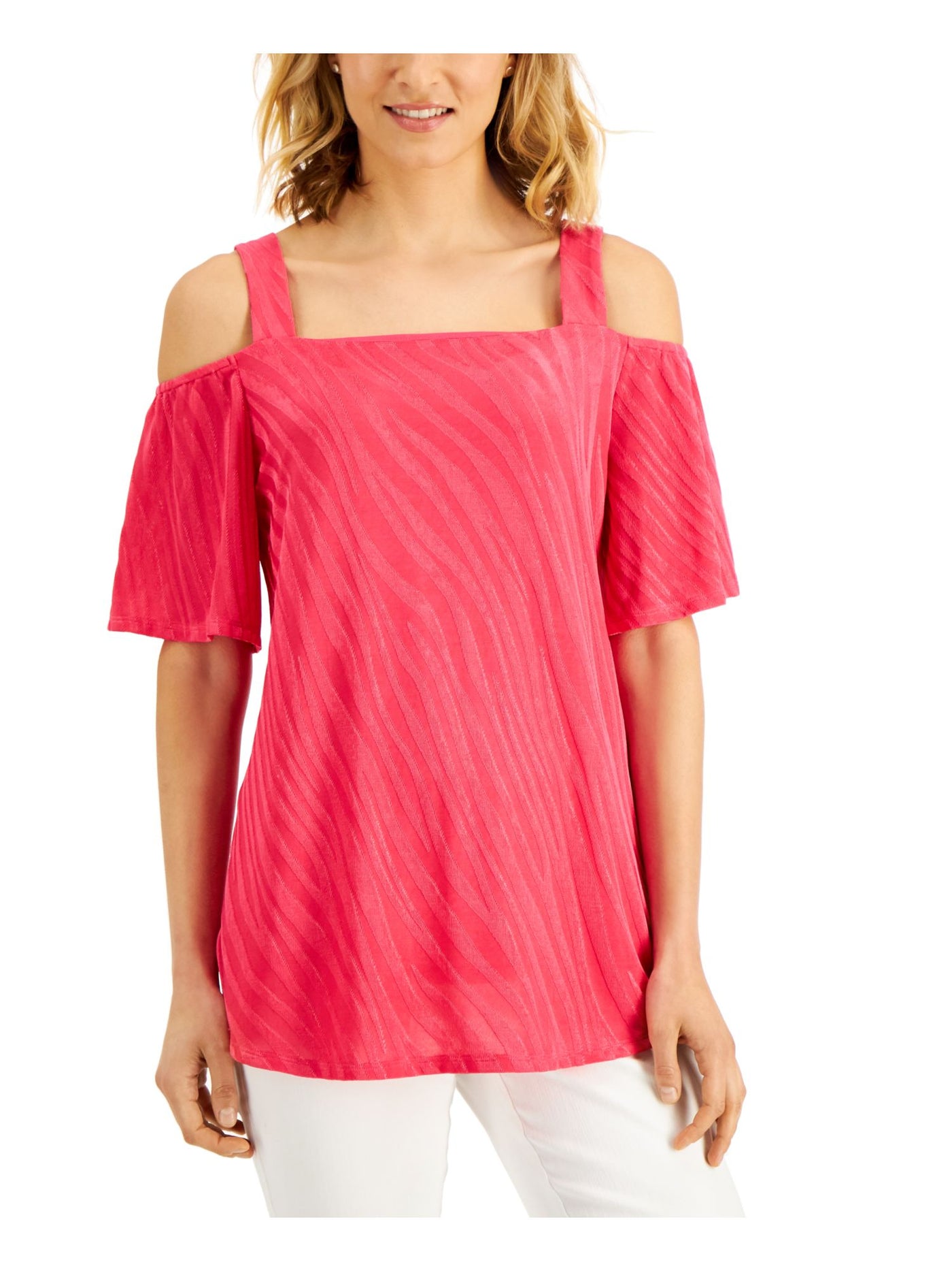 JM COLLECTION Womens Pink Cold Shoulder Relaxed Fit Short Sleeve Square Neck Wear To Work Top S
