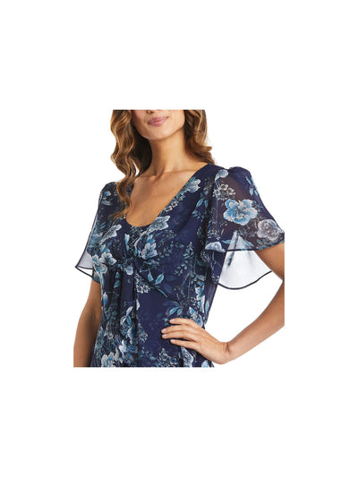 R&M RICHARDS Womens Navy Sheer Pleated Tie Front Floral Short Sleeve V Neck Wear To Work Peplum Top 8
