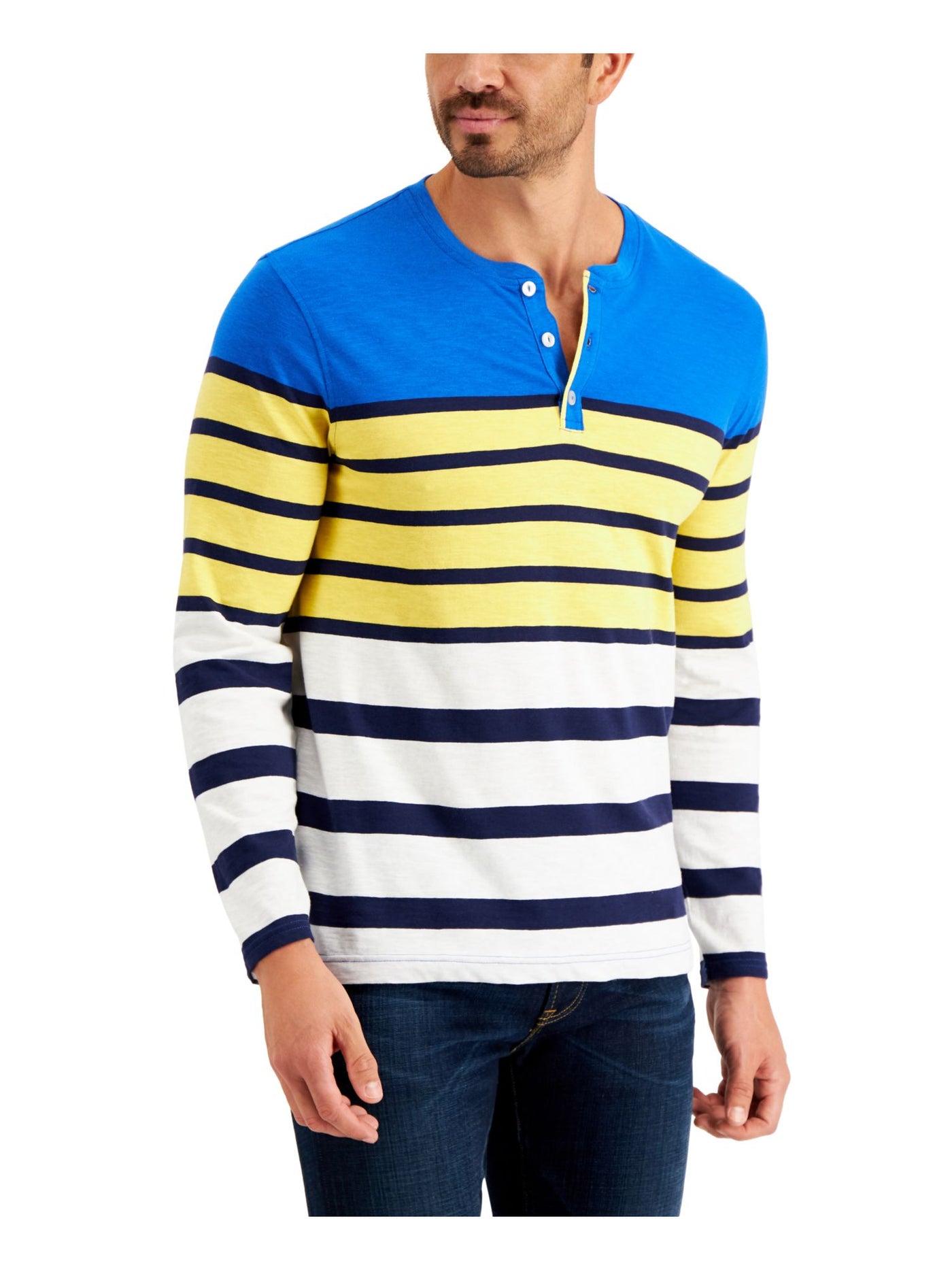CLUBROOM Mens Blue Striped Classic Fit Henley Shirt L
