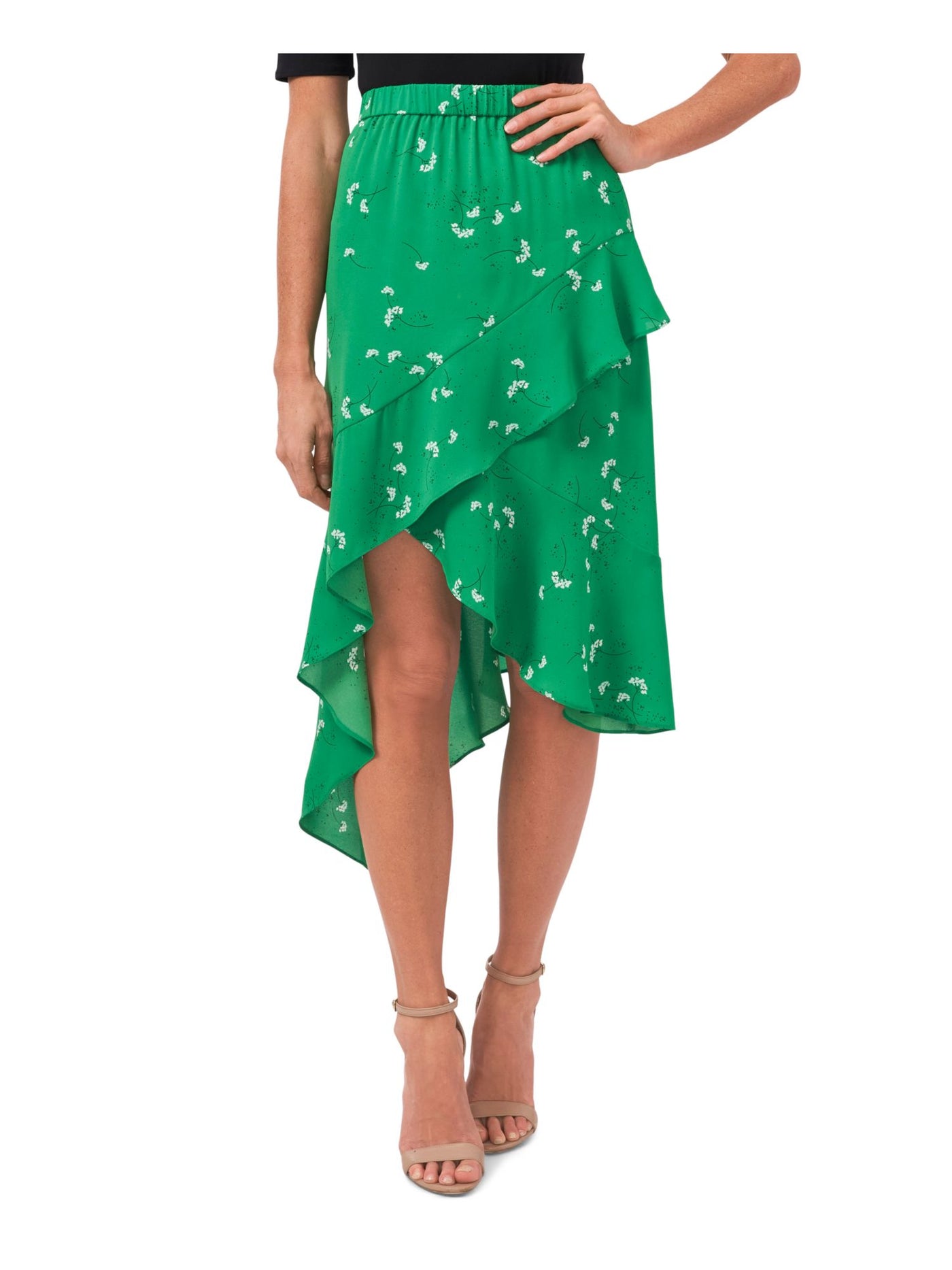 CECE Womens Green Stretch Ruffled Asymmetrical Crossover Front Printed Midi Cocktail Hi-Lo Skirt XL