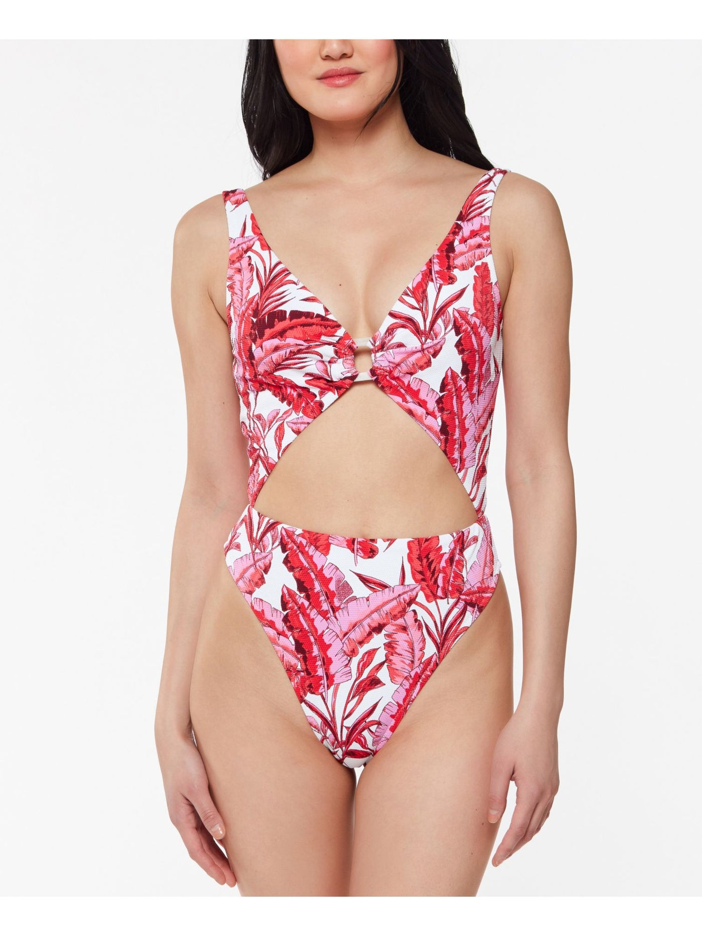 JESSICA SIMPSON Women's Pink Printed Stretch Push-Up Front And Back Front O-Ring Deep V Neck Cutout One Piece Swimsuit M