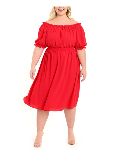 LONDON TIMES Womens Red Stretch Textured Pullover Styling Elastic Waist Elbow Sleeve Off Shoulder Midi Party Fit + Flare Dress Plus 1X