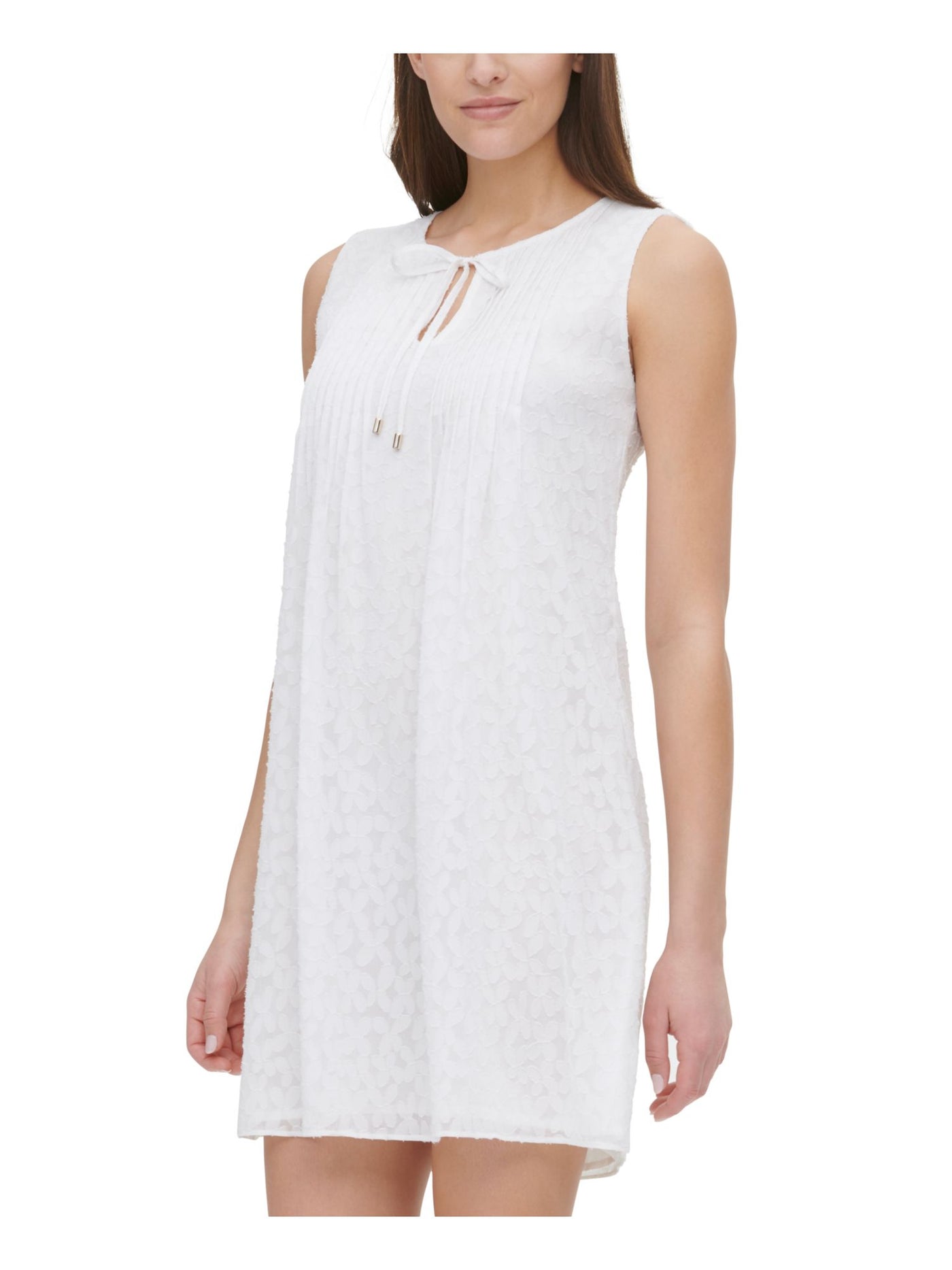TOMMY HILFIGER Womens Ivory Textured Pleated Lined Floral Sleeveless Keyhole Short Shift Dress 4